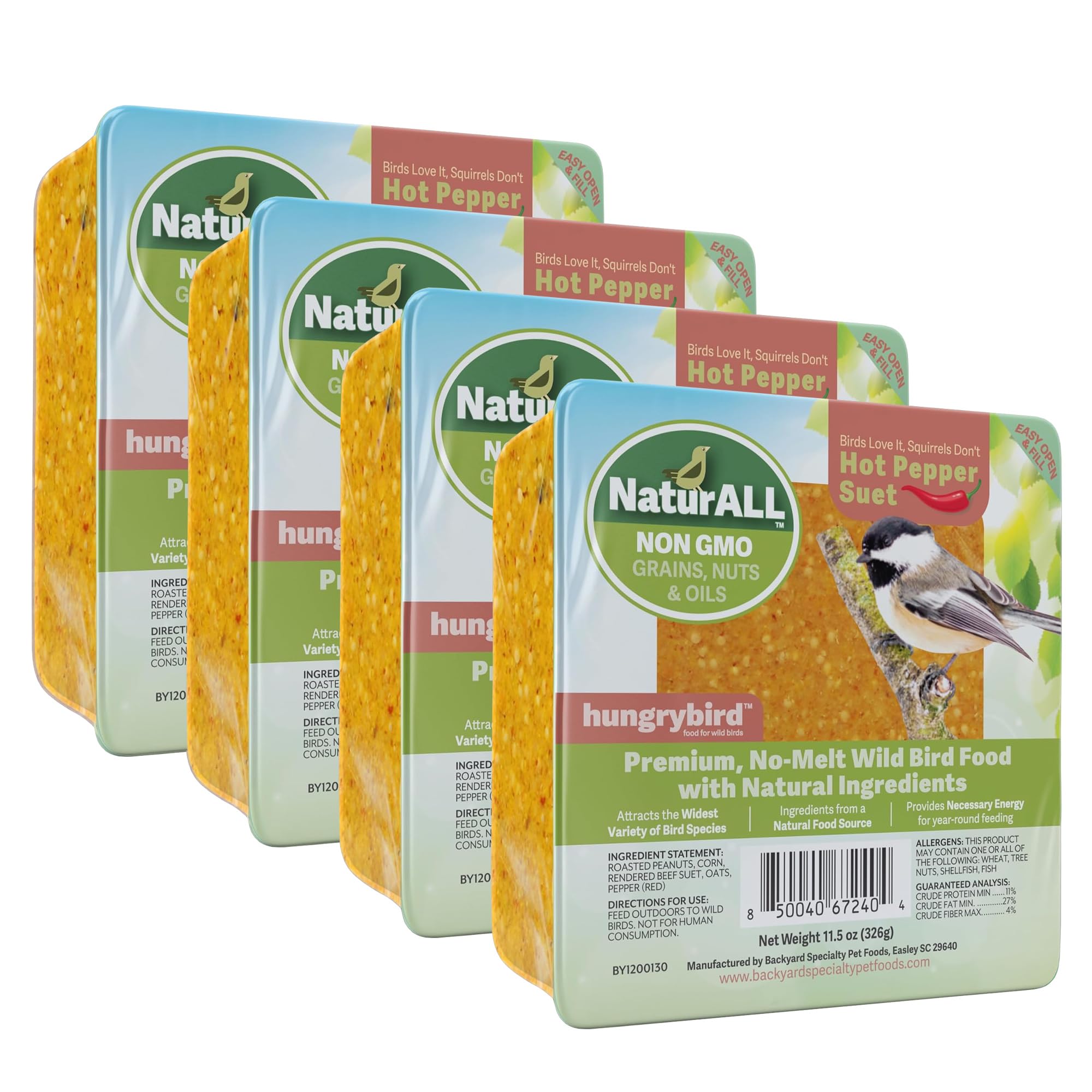 HUNGRYBIRD NaturAll Non-GMO, High-Protein Hot Pepper Suet Cake for Ouside Wild Bird Feeders, Pack of 4