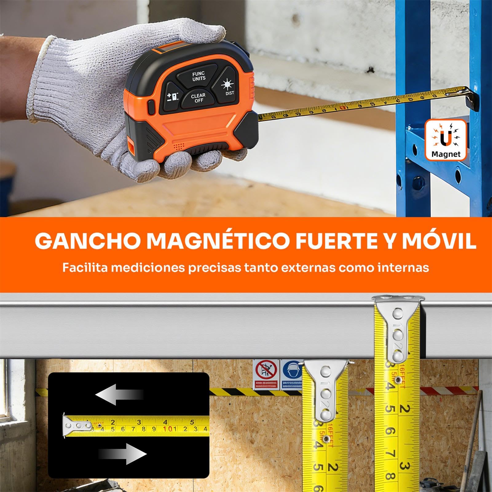 Cinta Metro Laser 2 en 1 - ansigtny Recargable Medidor de Distancia Láser Digital de 60 m y Cinta Metrica de 5m con Gancho Magnético, Metro Digital para Bricolaje y Decoración del Hogar (M/In/Ft)