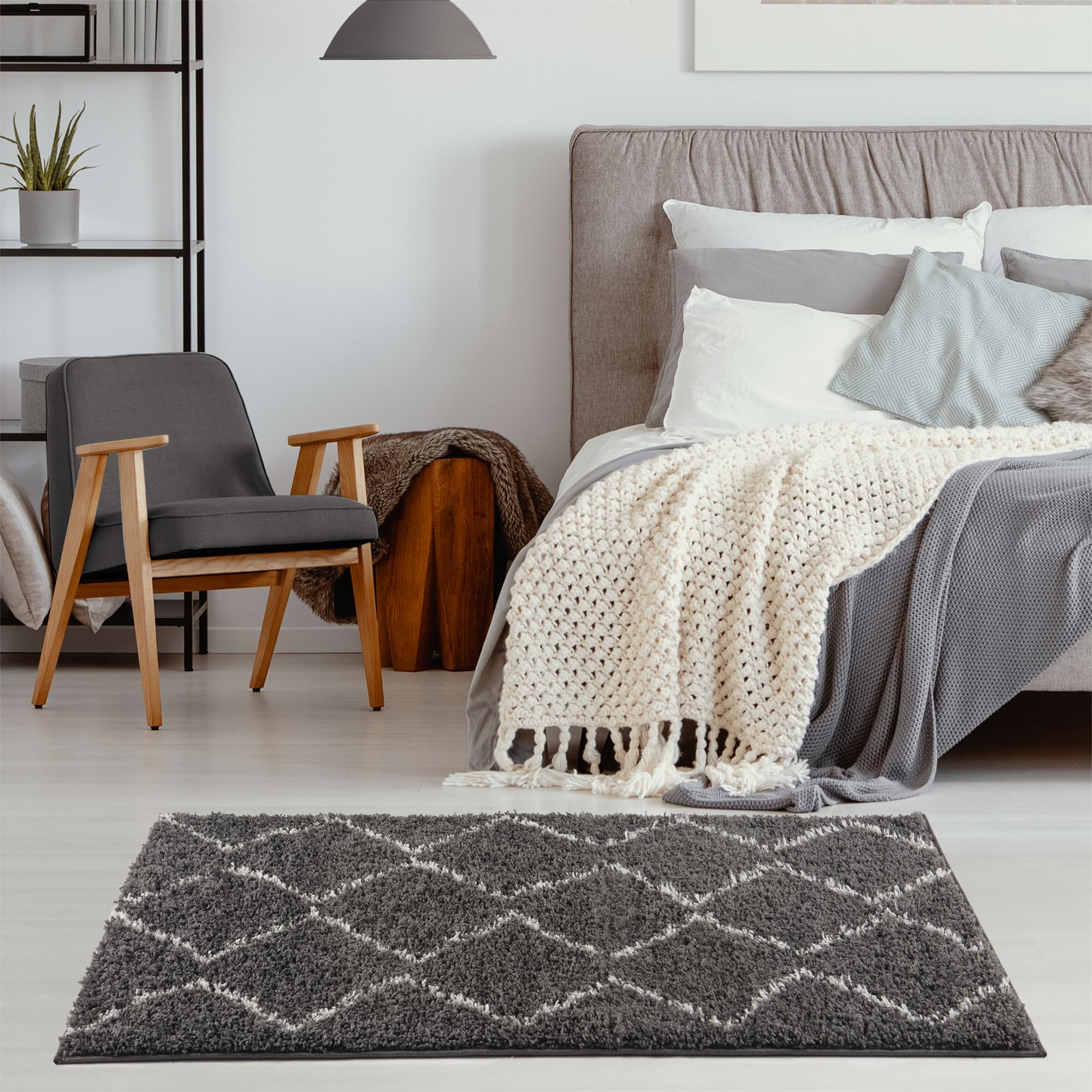 THE RUGS Modern Moroccan Design Living Room and Bedroom Rugs, Non-Shedding & Easy Care (Boho Dark Grey/Ivory, 60x110 cm) - Image 4