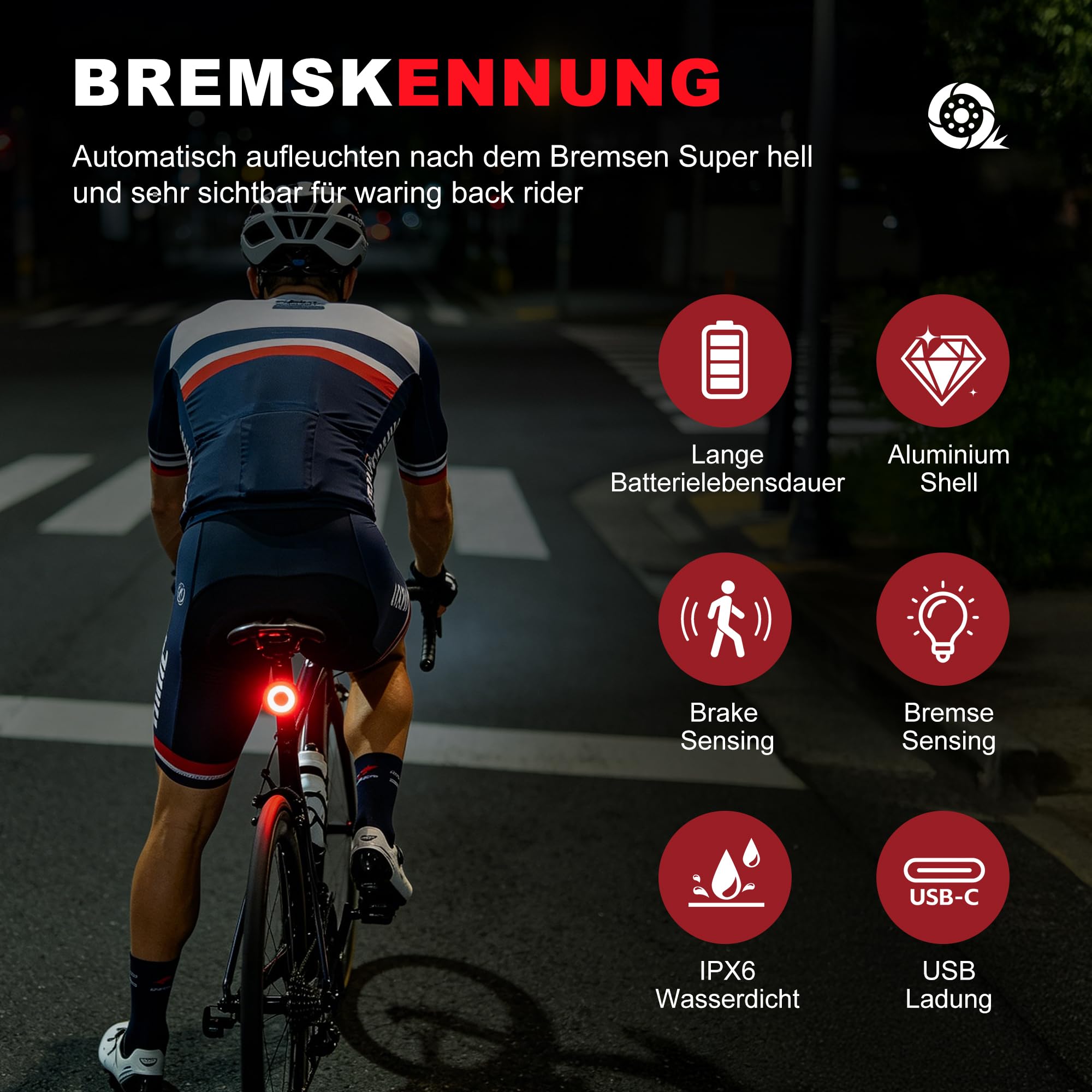 Fahrrad rücklicht,LED Fahrrad licht,USB-C Akku,Fahrradlicht hinten IPX6 wasserdicht für Rennrad,6 Beleuchtungsmodi,Geeignet für Rennräder,Mountainbikes und E-Bikes