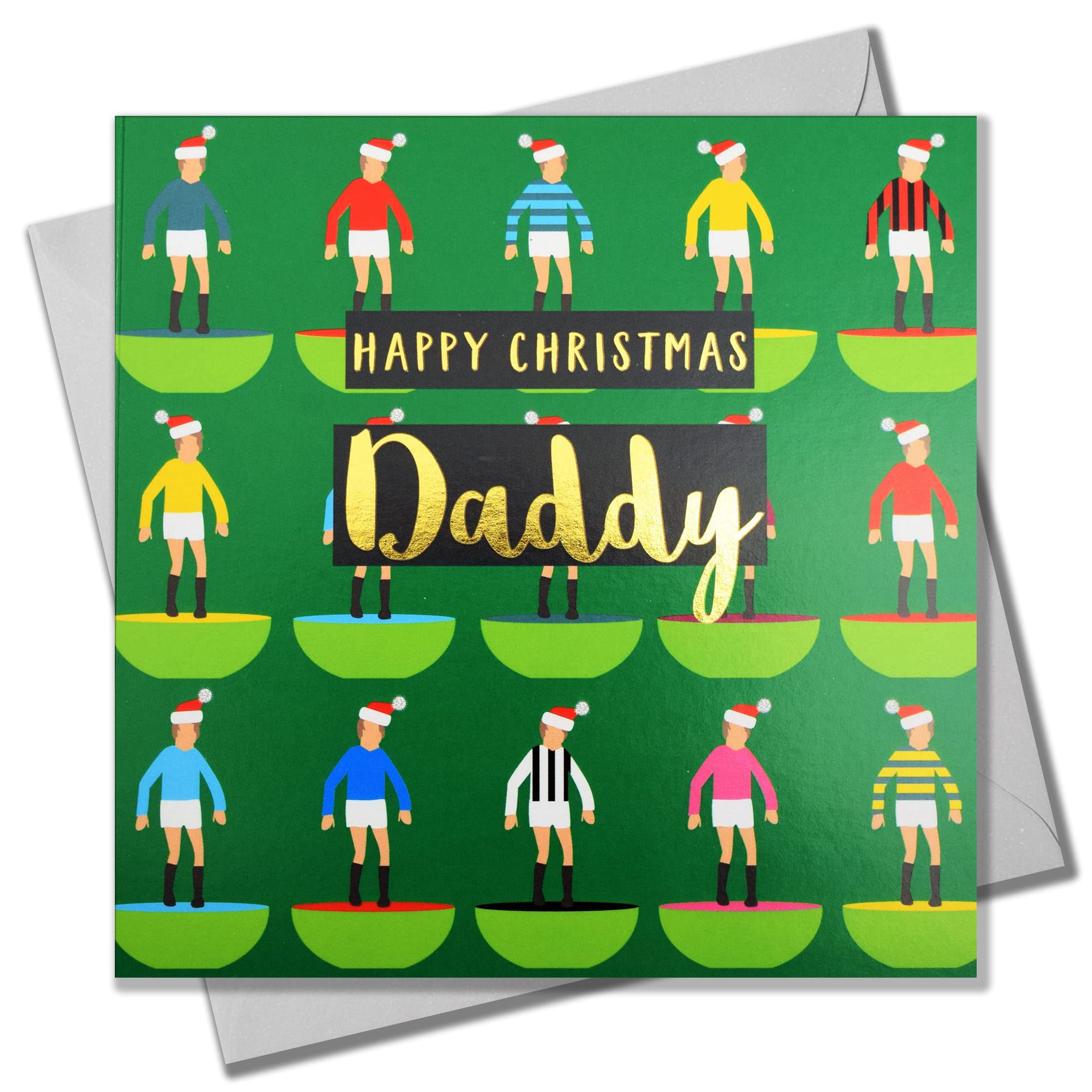 Claire Giles Greeting Cards, Happy Christmas Daddy Card, Father Subbuteo and Santa hats design xmas Card, Text Foiled in Shiny Gold