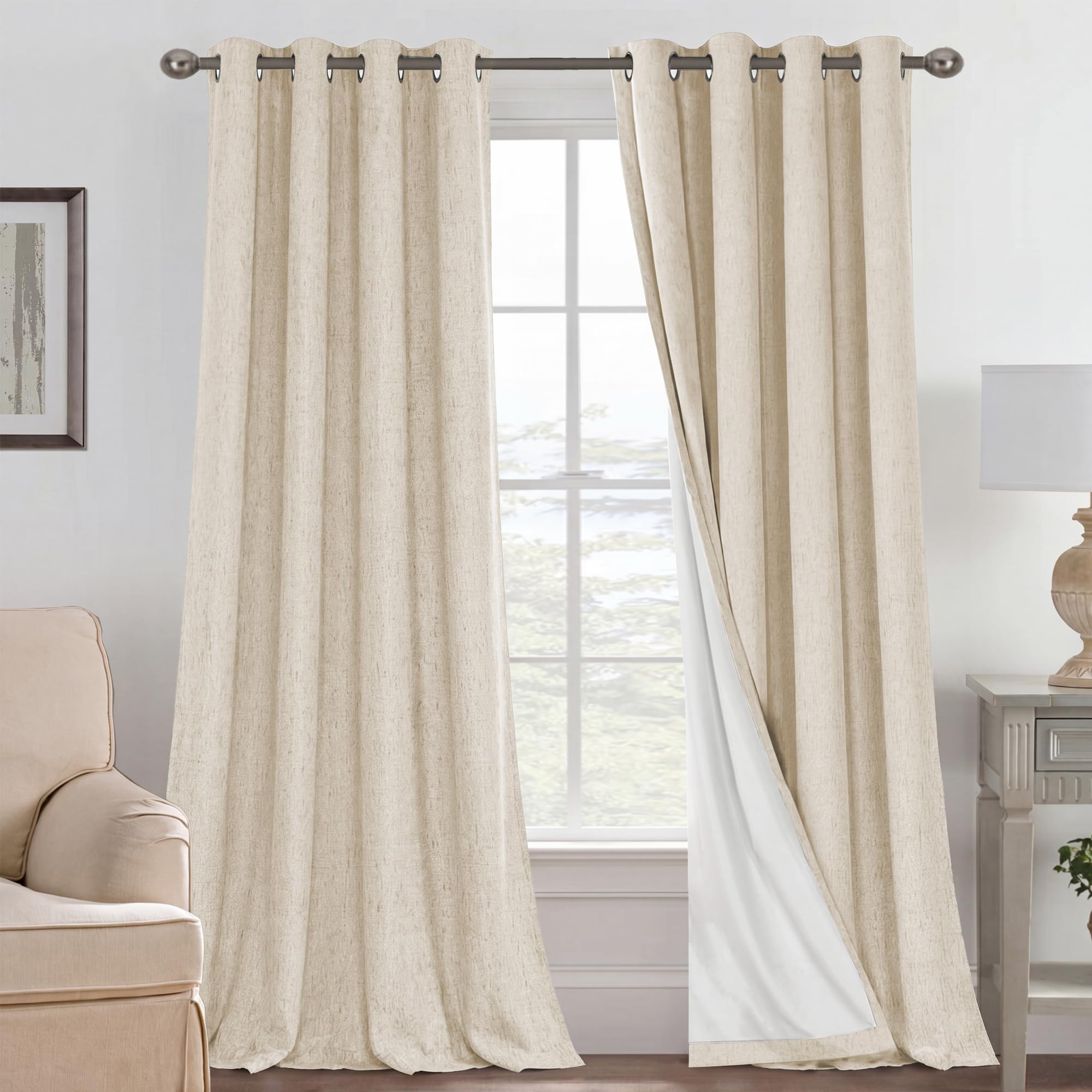 H.VERSAILTEX Blackout Curtains Linen Curtains 120 inches Long 100% Black Out Curtains for Bedroom Windows, Textured Linen Look Draperies Grommet with White Liner, 2 Panels, Bleached Sand