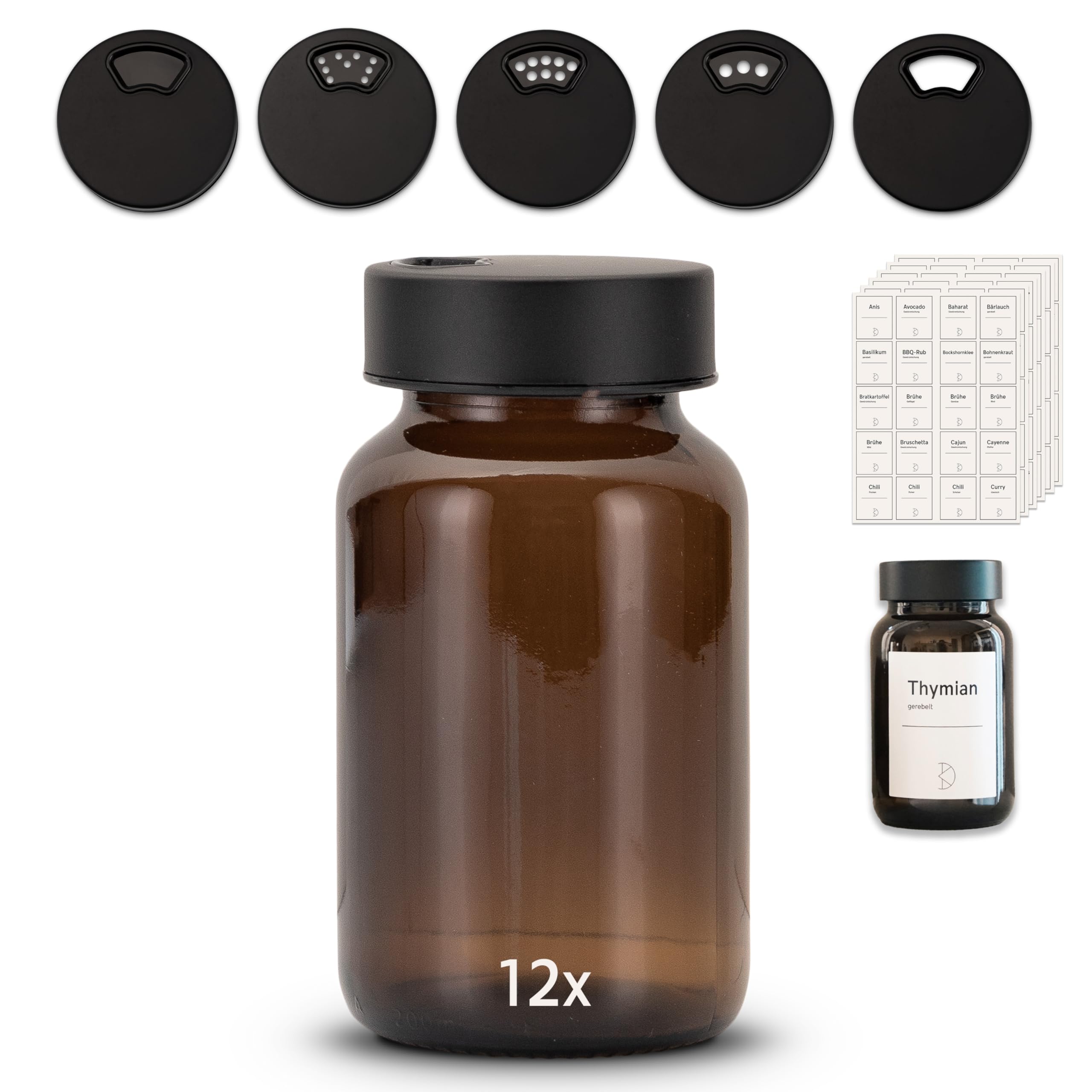12 Stück Gewürzgläser – Premium Gewürzglas aus Braunglas | Gewürzstreuer Set | Gewürzdosen mit Deckel und UV-Schutz | Gewürzbehälter mit Edelstahl-Streudeckel, 200ml mit Gewürzetiketten