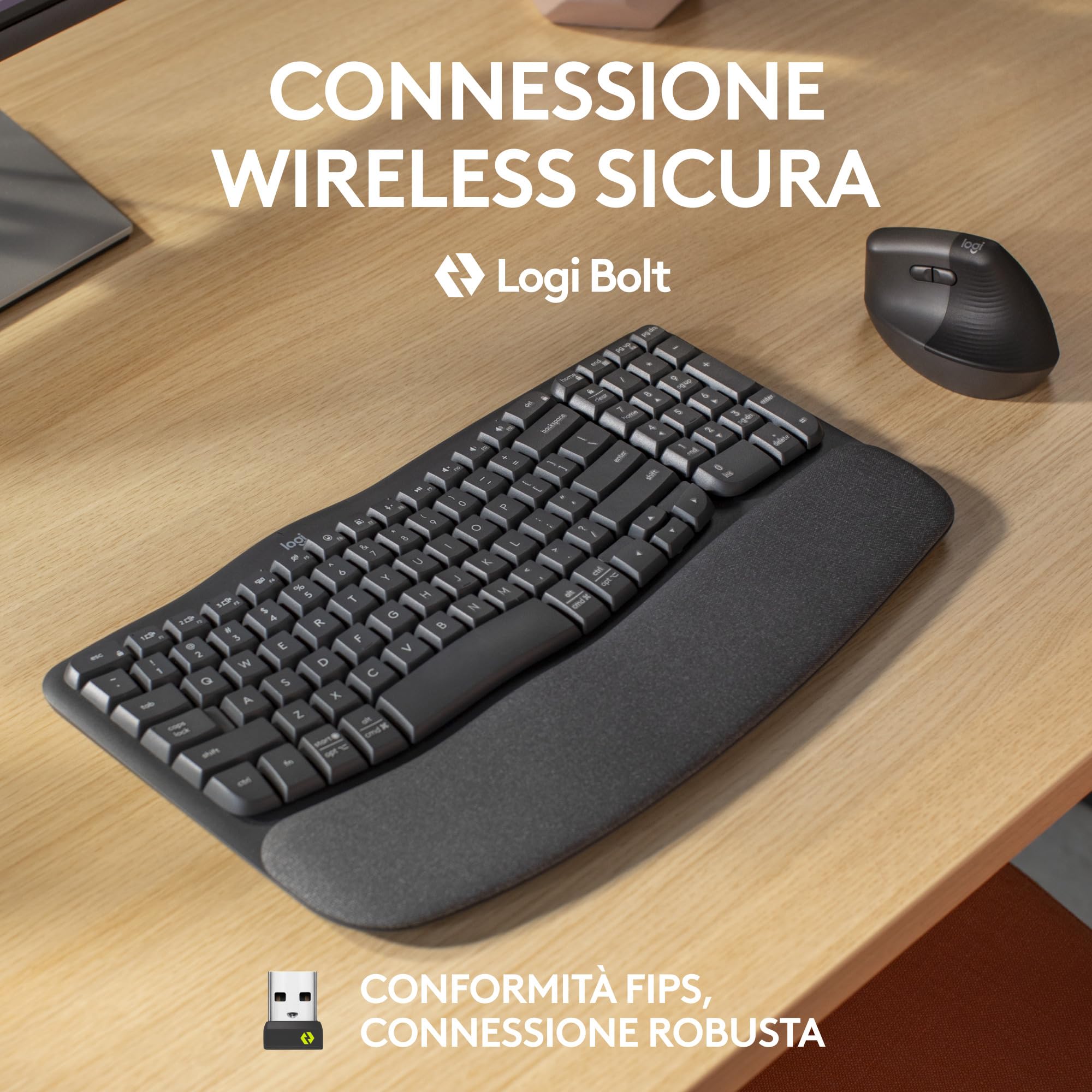 MK835 Ergo Tastiera E Mouse Wireless Ergonomici: Bluetooth/2.4G, Design Diviso Con Poggiapolsi Imbottito, Ricaricabile USB-C, Silenziosa, Per Windows/Mac/Android