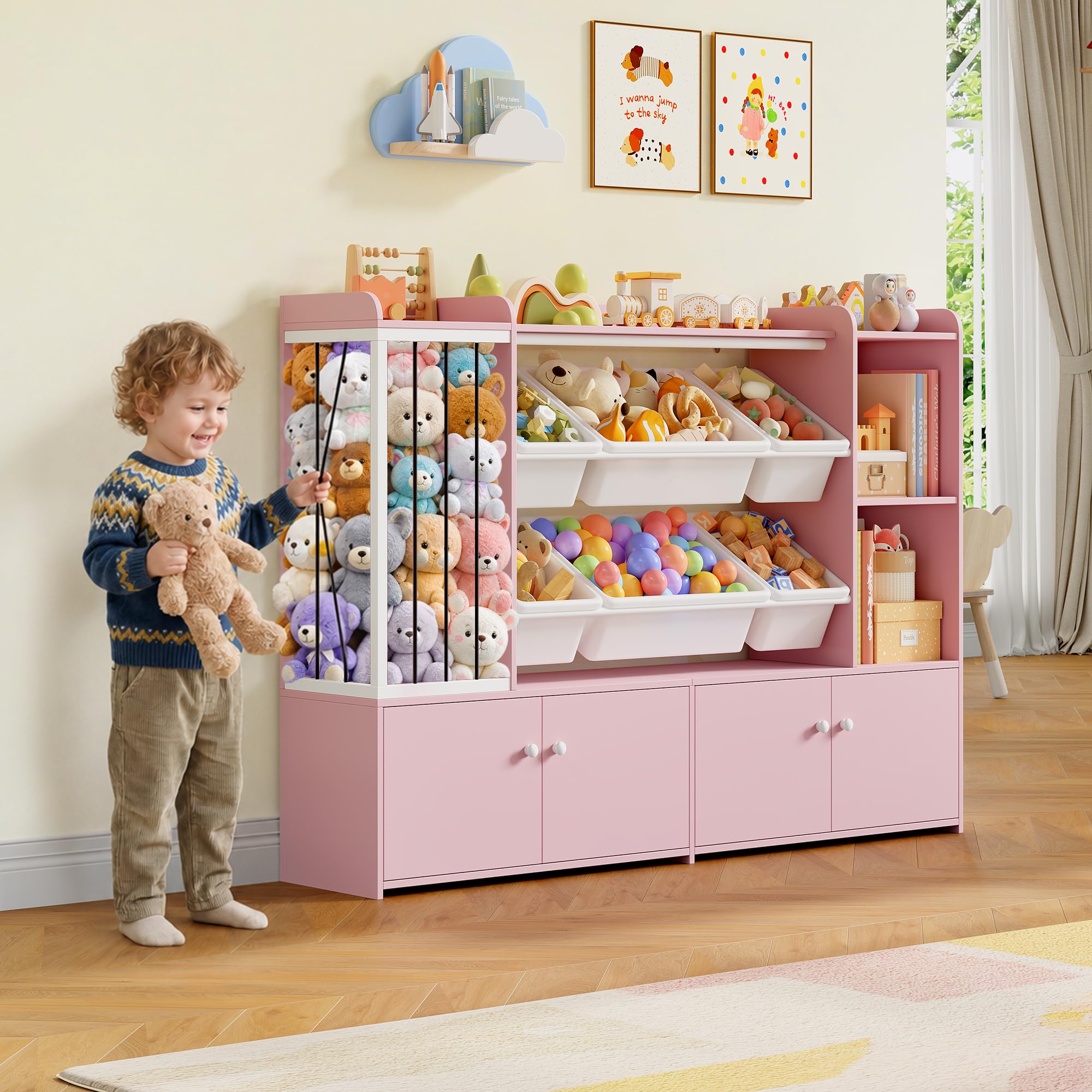 FOREHILL 137.3cm Mueble Juguetes Organizador, Organizador Peluches, Rosa | Libreria Infantil, 6 Cajas Extraíbles, Mueble Almacenaje Juguetes, Estanteria Infantil, Armario de 4 Puertas, 137.3x28x94cm