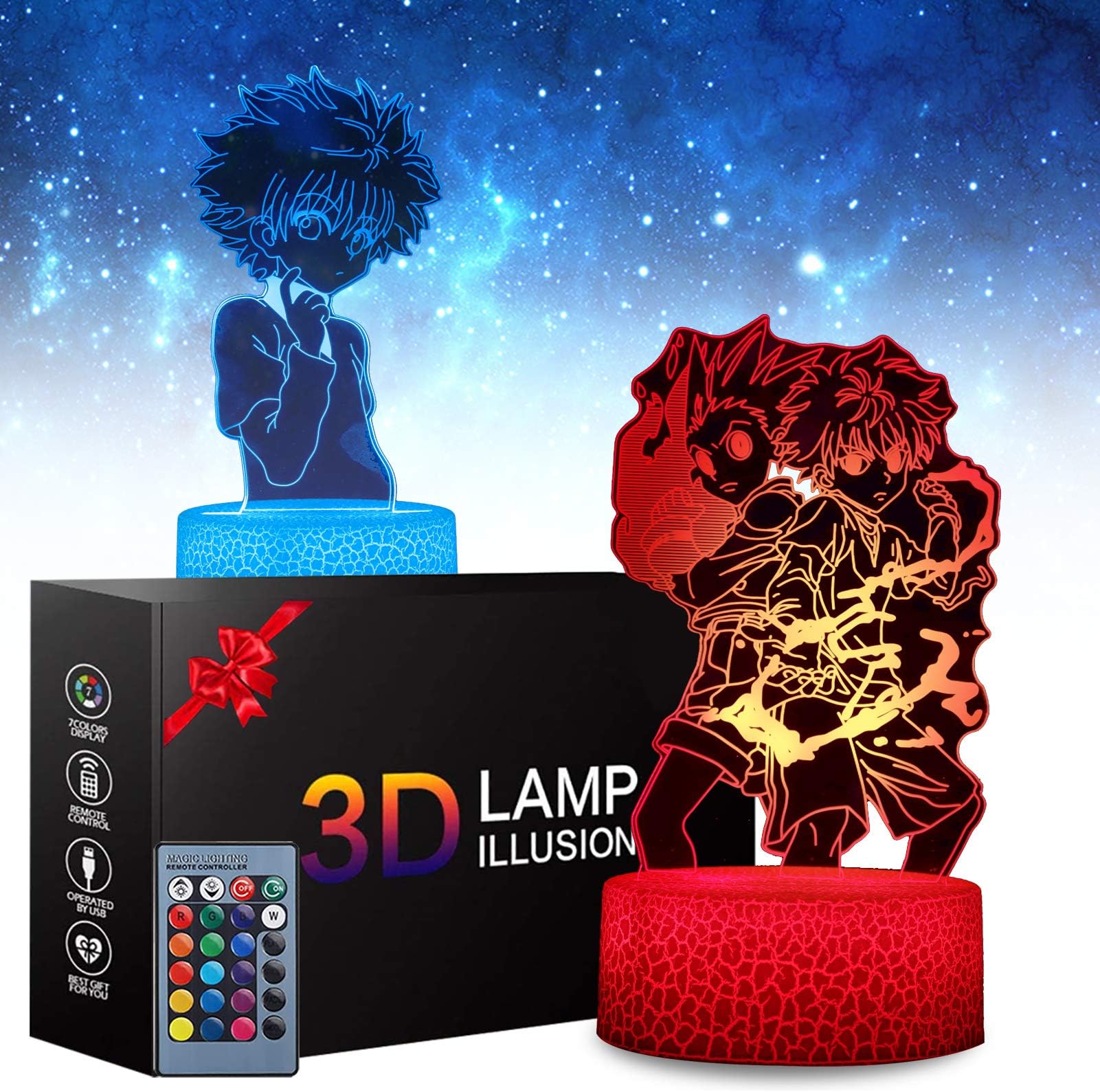 2 Patterns Killua 3D Illusion Anime Lamp - Anime Toys LED Night Light for Kids Room Decor, 16 Color Change with Remote Timer, Boys Girls Birthday Gifts