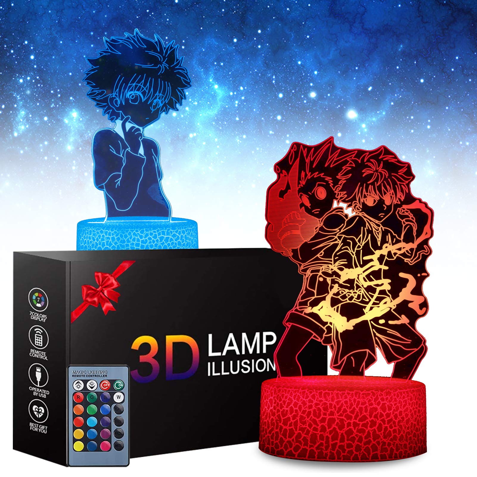 2 Patterns Killua 3D Illusion Anime Lamp - Anime Toys LED Night Light for Kids Room Decor, 16 Color Change with Remote Timer, Boys Girls Birthday Gifts