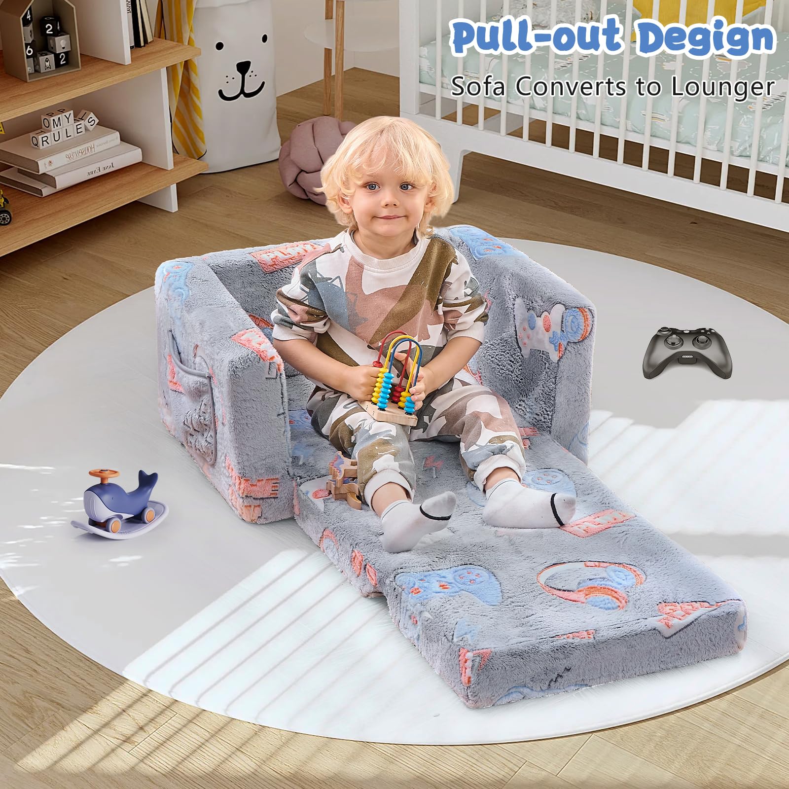 ILPEOD Toddler Chair Comfy, Game Kids Couch, 2-in-1 Soft Toddler Couch Fold Out, Convertible Sofa to Lounger