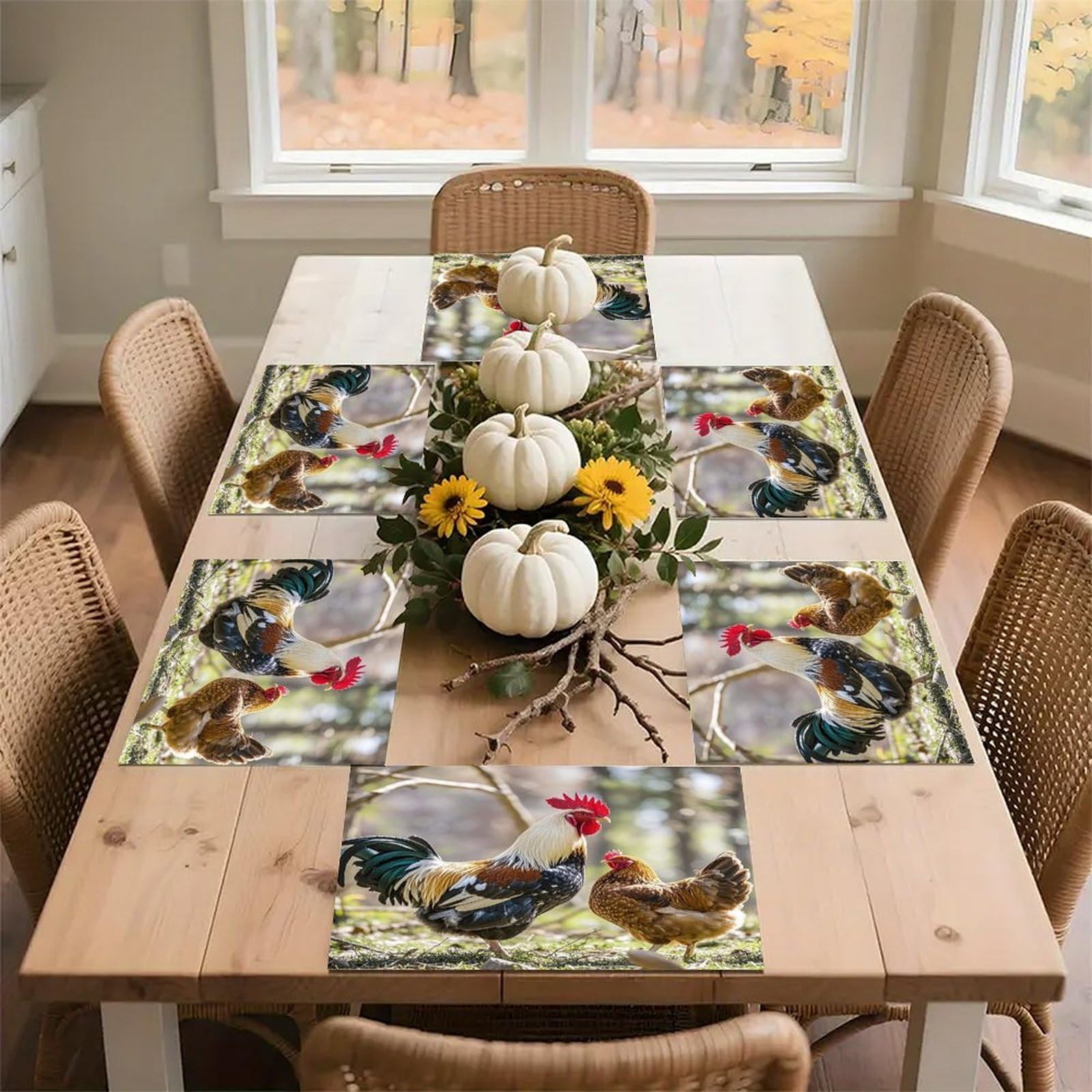 Rooster and Hen Placemats Flax Place Mats for Dining Table Rectangle Non-Slip Table Mats Heat Resistant Washable Placemat for Kitchen Home Decor Party Outdoor 12" X 18"