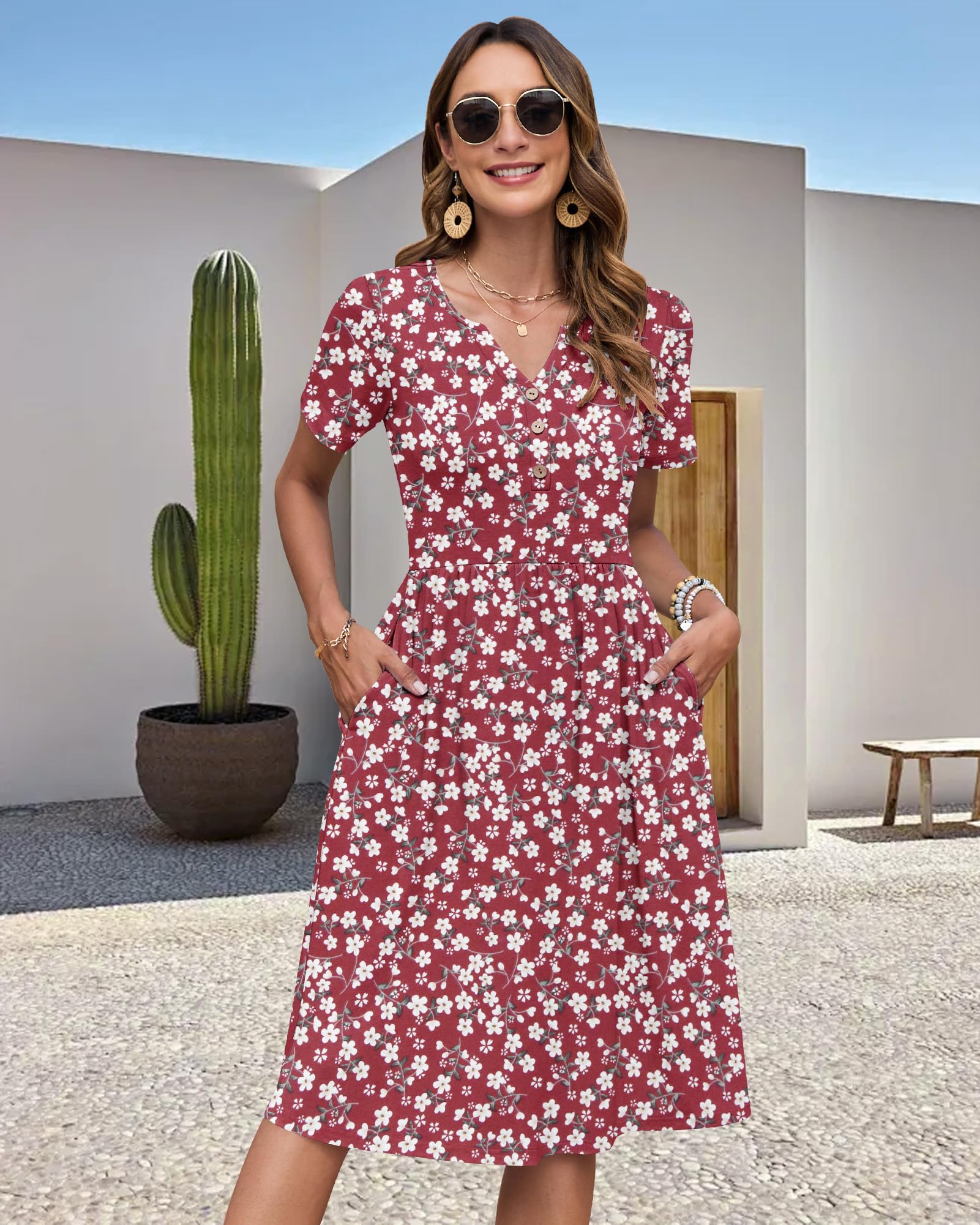 AUSELILY Vestito Estivo a Maniche Corte da Donna Abito Casual Scollo a V al Ginocchiocon Bottoni con Tasche