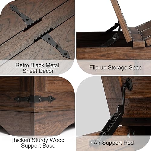 Miniatura 5 de Wnutrees Mesa de centro de granja con parte superior elevadora con bisagras y gran compartimento de almacenamiento oculto, mesa central de madera