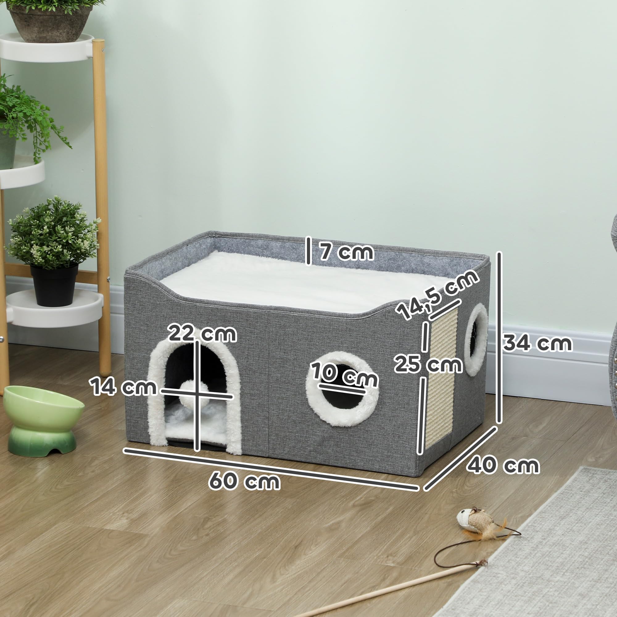 PawHut Casa para Gatos Plegable, Cama para Gatos con Rascador, 3 Entradas, Bola Colgante, Cojín Reversible en Felpa y Tipo Lino, para Interior, 60x40x34 cm, Gris