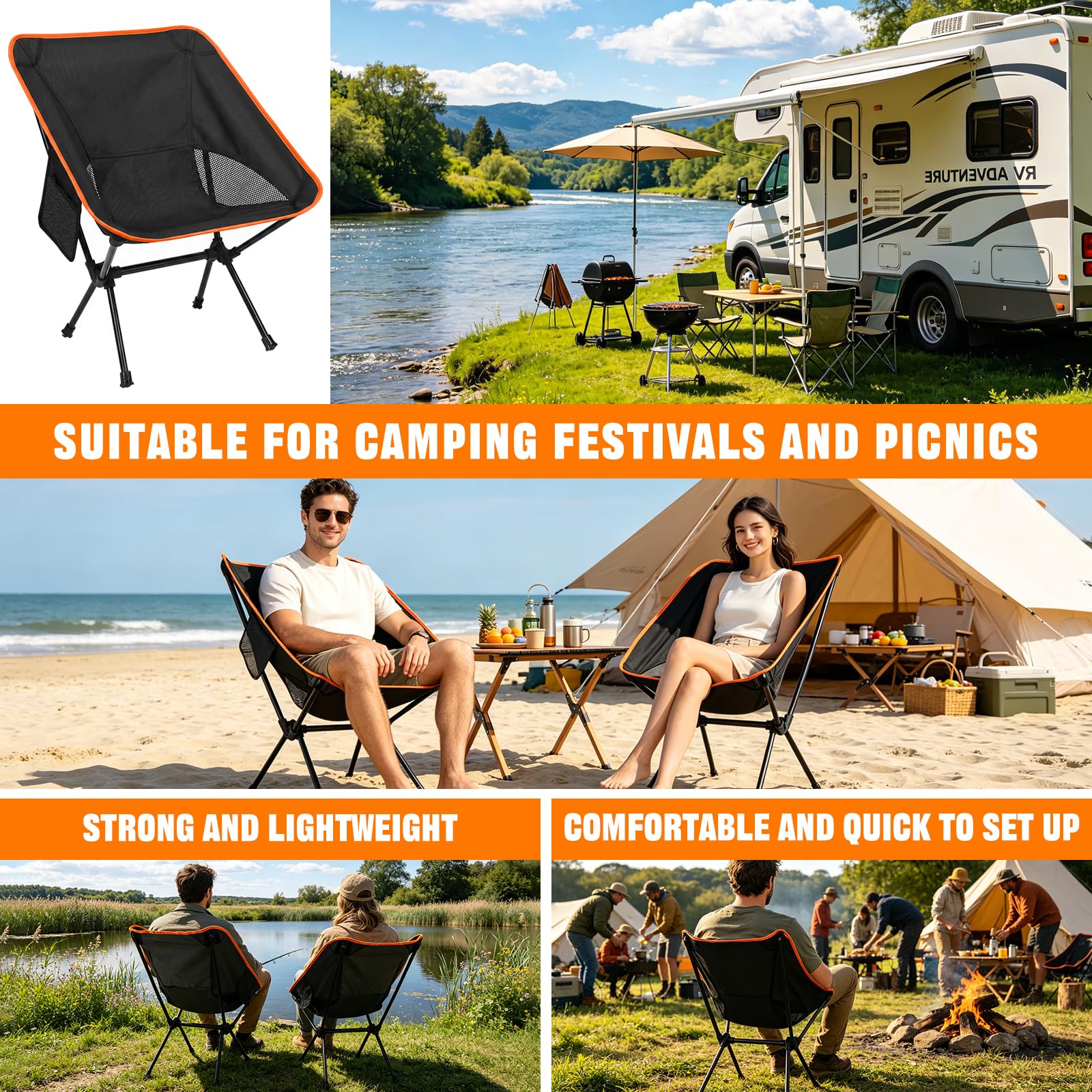 Sedia Pieghevole Campeggio Portatile Max Portata 200 kg Sedia da Campeggio Pieghevole con Borsa da Trasporto Sedie per Pesca, Escursionismo, Picnic, Campeggio, Spiaggia, Prato, Concerti