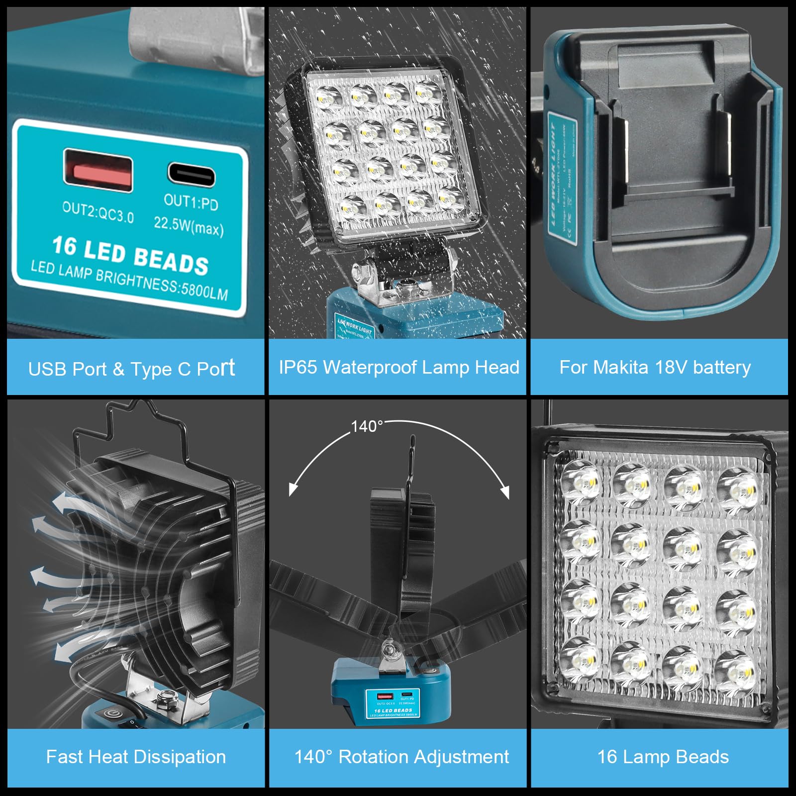 QUPERR Lampa bezprzewodowa kompatybilna z Makita 18V, 48W 5800LM LED lampa robocza, przenośny reflektor z USB i Type-C do auta, kempingu i awaryjnego oświetlenia (bez akumulatora)