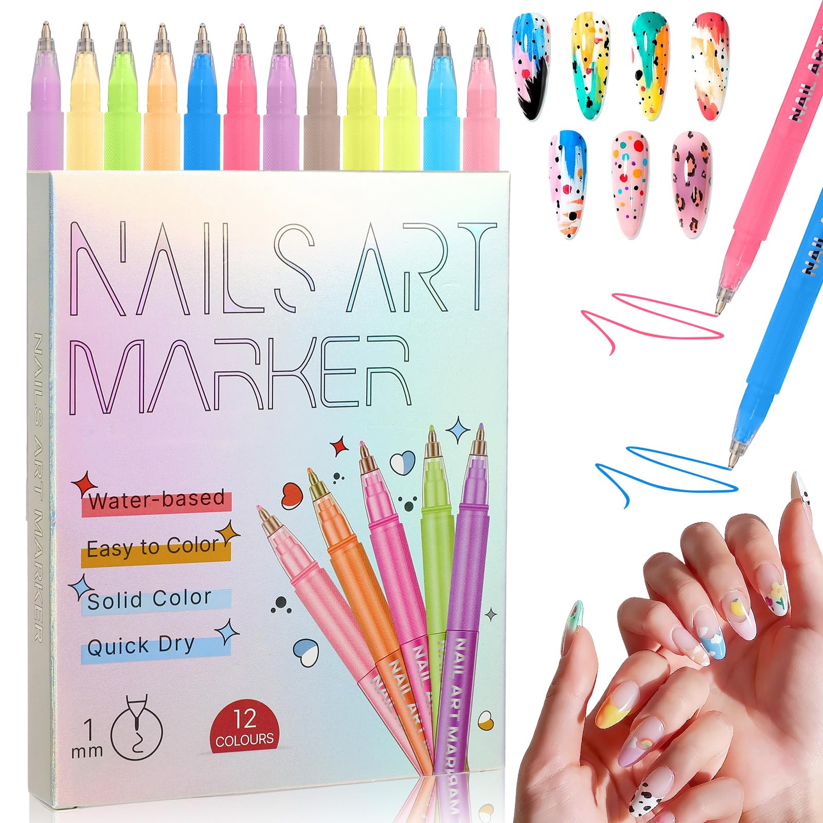 12 Colors Nail Art Pens Set 2026 Upgraded Nail Art Markers Polish Pen Quick Dry 0 5 MM