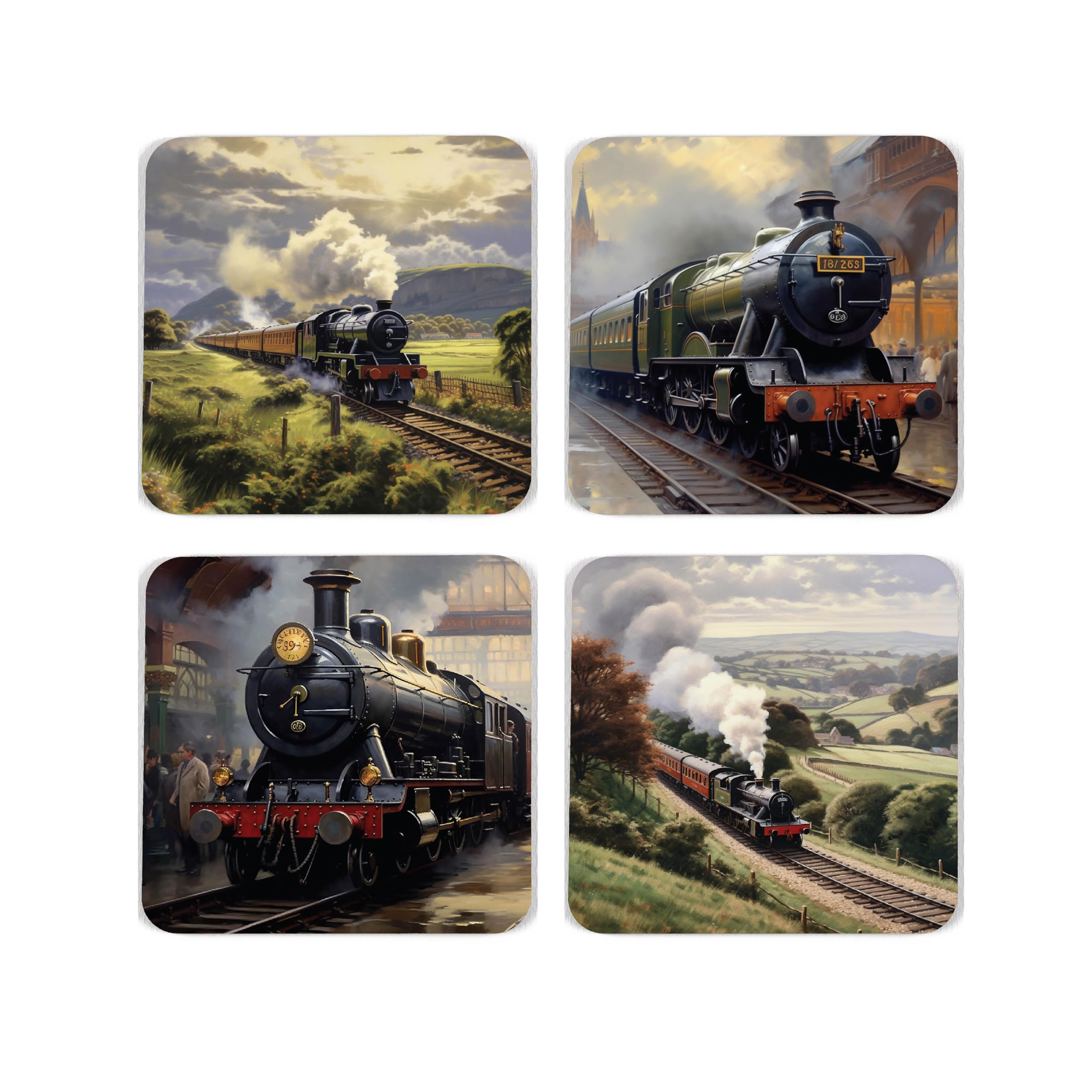 Steam Trains Cork Coaster Set - Square Assorted Steam Train Locomotives - Set of Four (4) Drinks Coasters