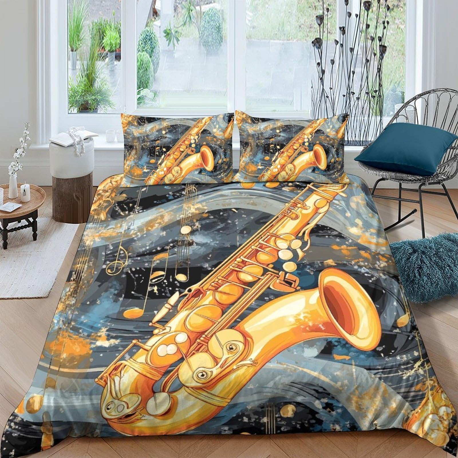 Ctjqhvkz Style-5 3D Printed Jazz Saxophone Fitted Sheet Microfiber Soft Musical Notes Bed Sheet For Bedroom Dorm Mattress Cover Decor Single（135X200cm）