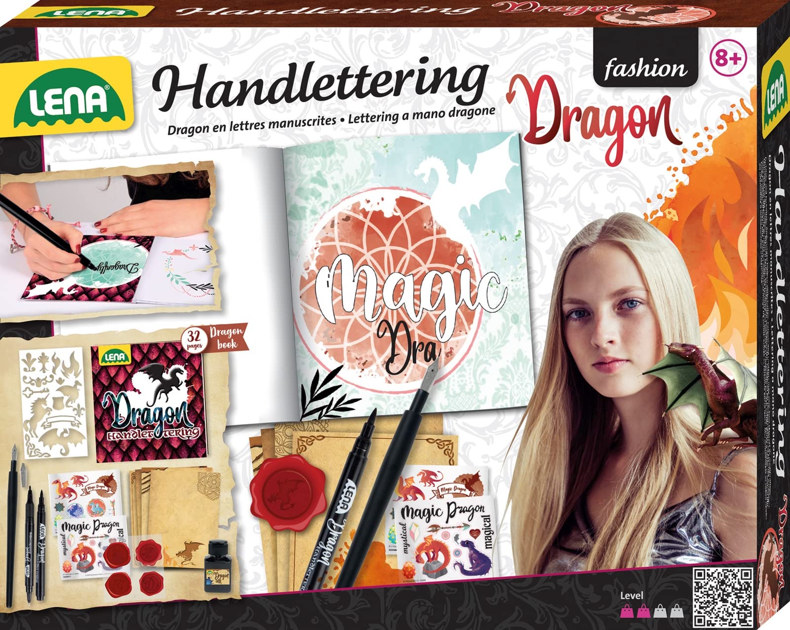 Lena 42336 Hand Lettering and Calligraphy Set, Colouring Book with Dragon Motifs, 2 Black 