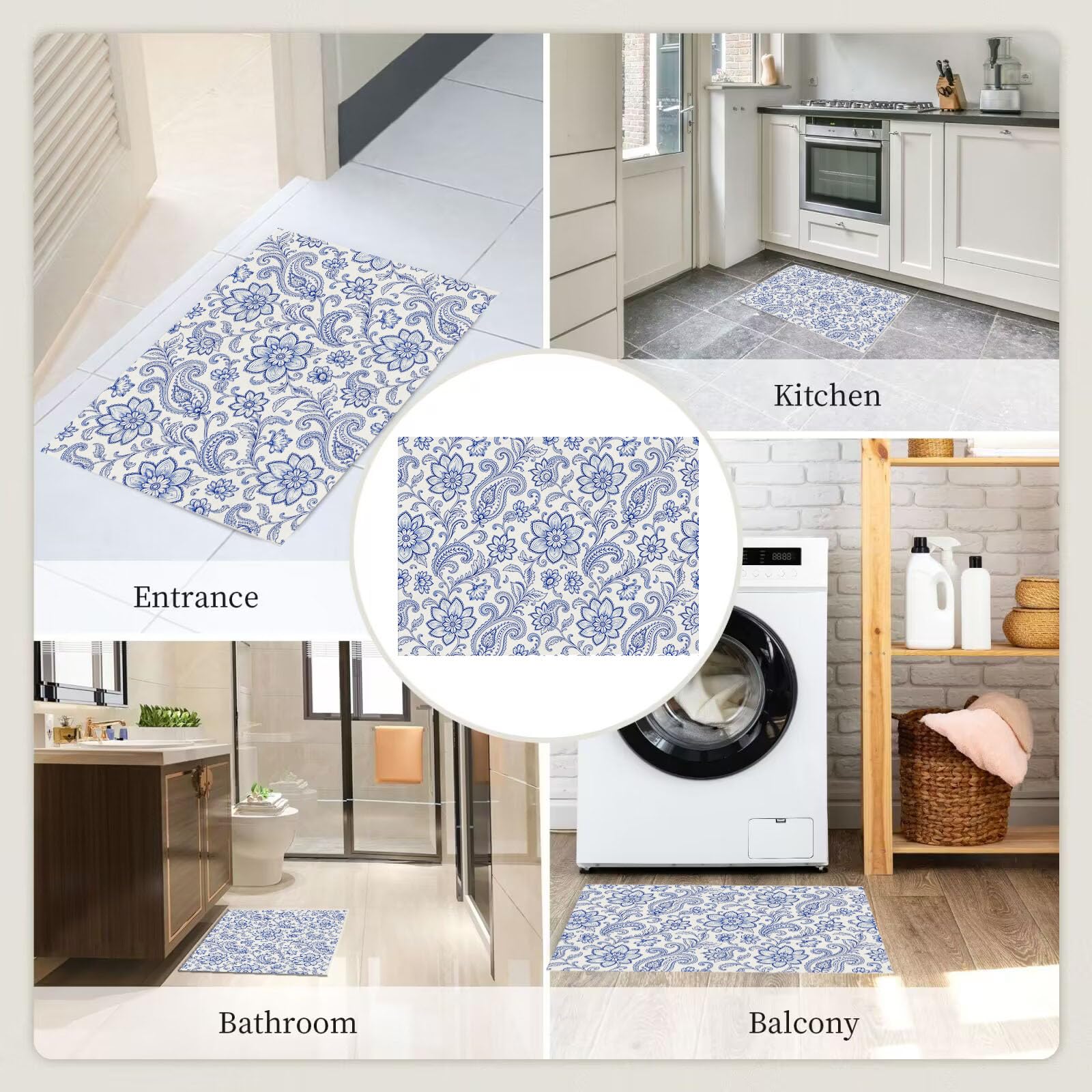 Zerbino Ingresso Interno Motivo Floreale Paisley Esotico, Zerbino Di Benvenuto Lavabile Morbida Piante Tradizionali, Antiscivolo Tappeto Da Decorazioni Blu Per Casa Porta, 90X150Cm
