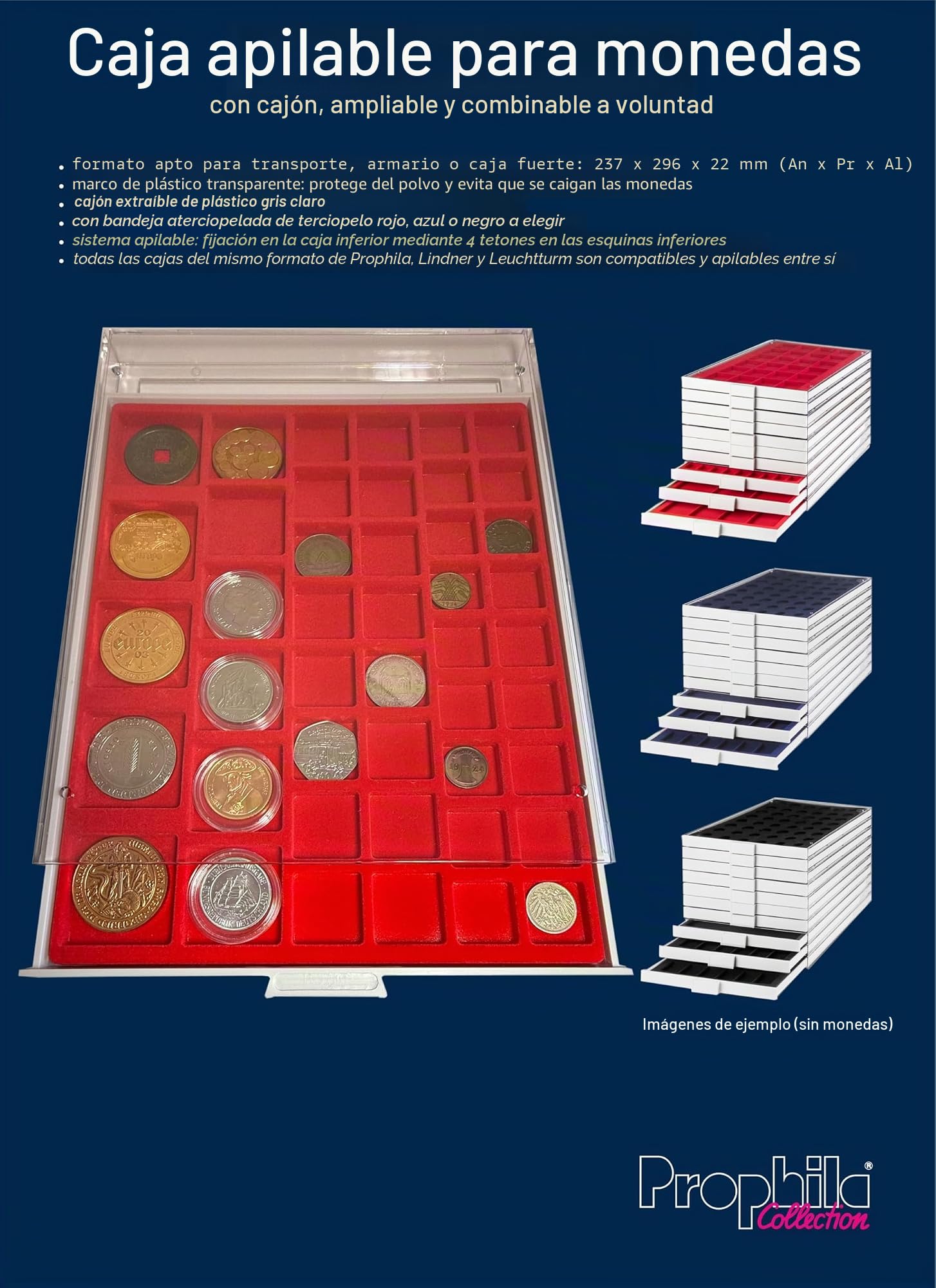 Prophila caja de monedas gris 42 divisiones redondos para 2-Euro en cápsulas o monedas de hasta 32 mm, inserto azul
