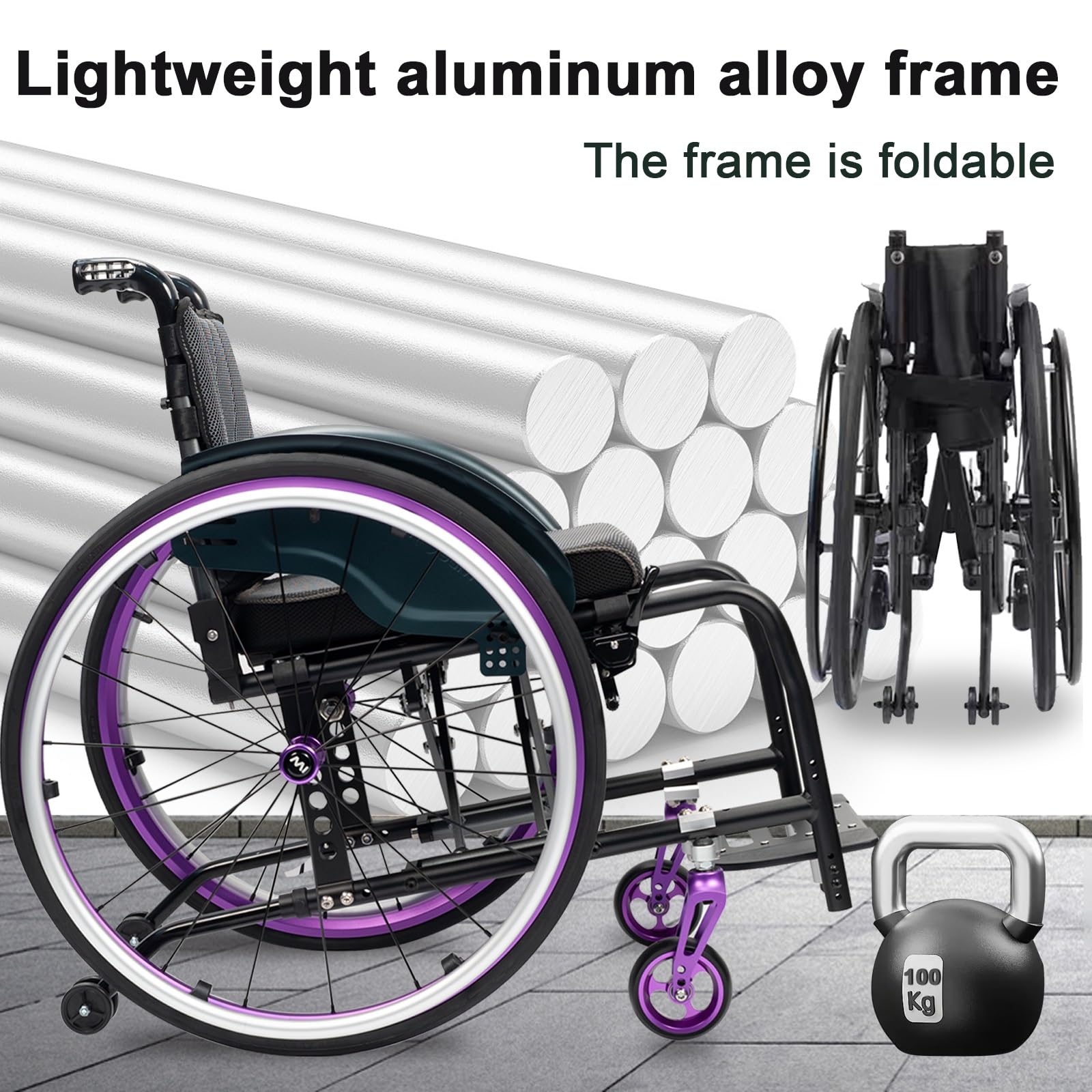 Lekkie składane krzesło ze stopu aluminium dla dorosłych, wyposażone w opony poręcze (szerokość siedziska: 38 cm)