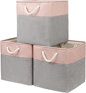 Mangata Storage Box (25 x 25 x 25 cm) Fabric Storage Basket, Box in Cube for Cupboard, Shelf, and Clothes (Grey/Pink, Pack of 3)