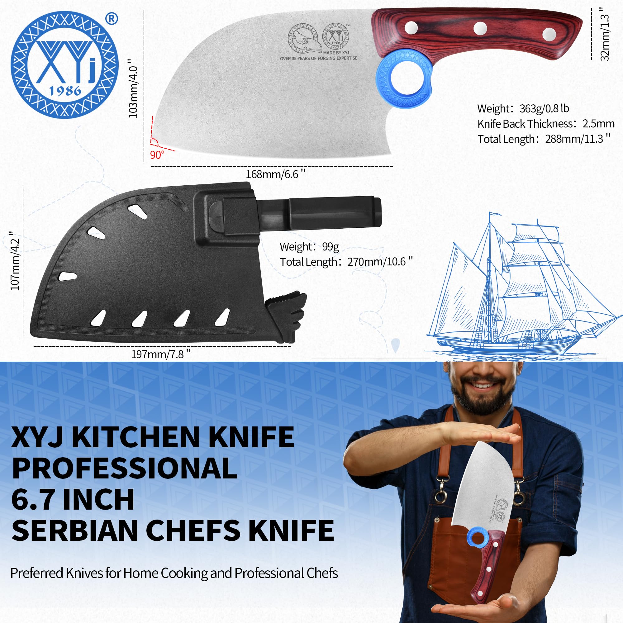 XYJ Autentico dal 1986, coltello da macellaio serbo con fodero, coltello da chef con verdure, manico in legno con fodero, per il campeggio all'aperto