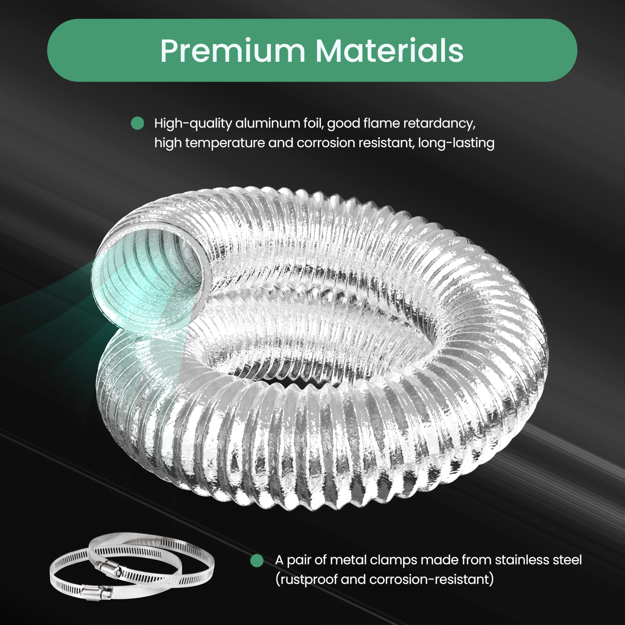Conducto de aluminio flexible de 8 pulgadas, manguera de ventilación de secadora, protección de tres capas resistente, 25 pies de largo para calefacción, refrigeración y escape, color plateado