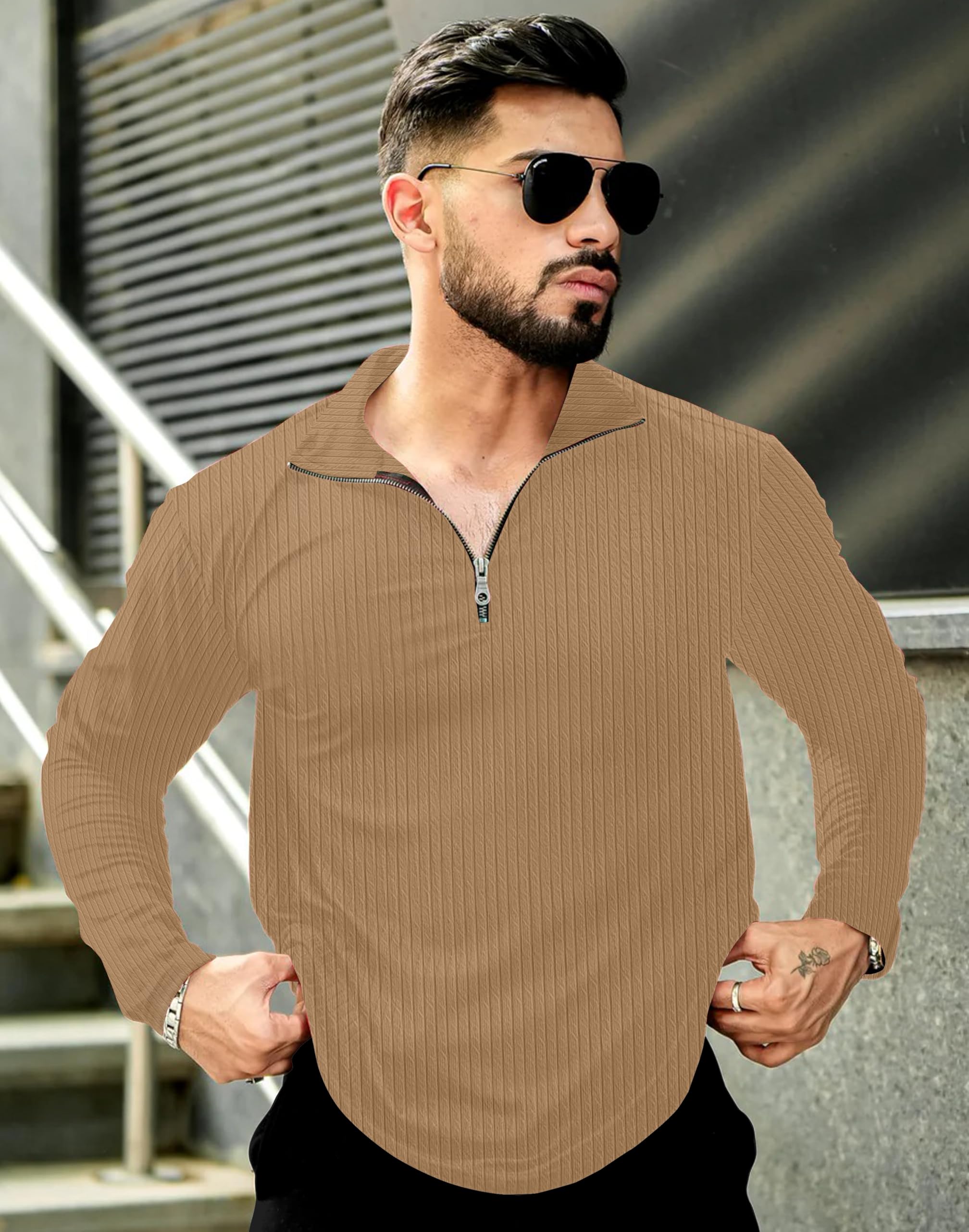 KAJARU Men's Quarter Zip Pullover T-Shirt, Cable Knit Pattern, Full Sleeve (in, Alpha, 2XL, CHIKU) - Image 6 thumbnail