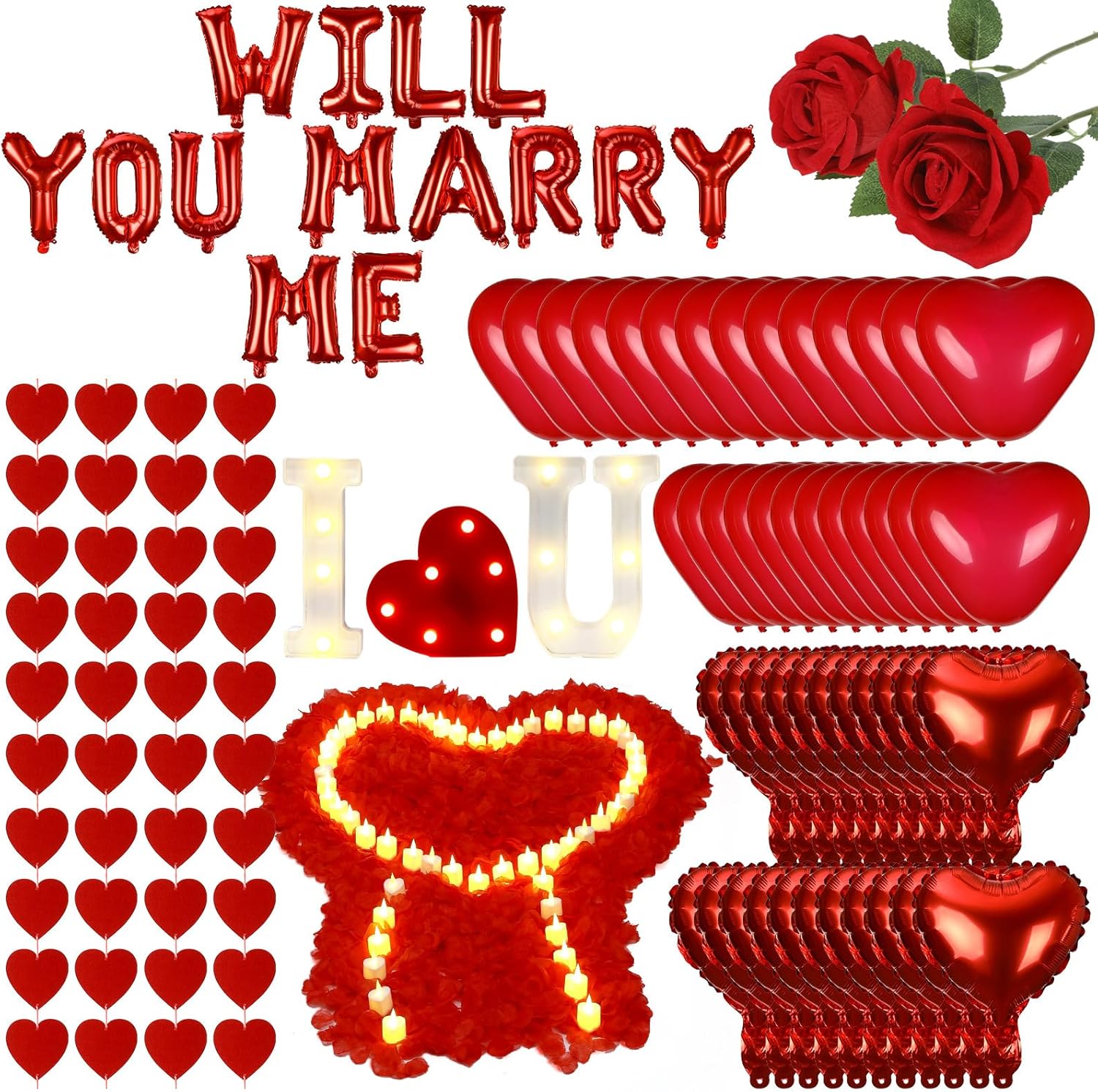 3249pcs Proposal Decoration Anniversary Valentines Day Decoration Romantic Special Night Decor Bedroom Decor Rose Petal LED Hearts "WILL YOU MARRY ME" Balloon Heart Candle Artificial Rose Heart String
