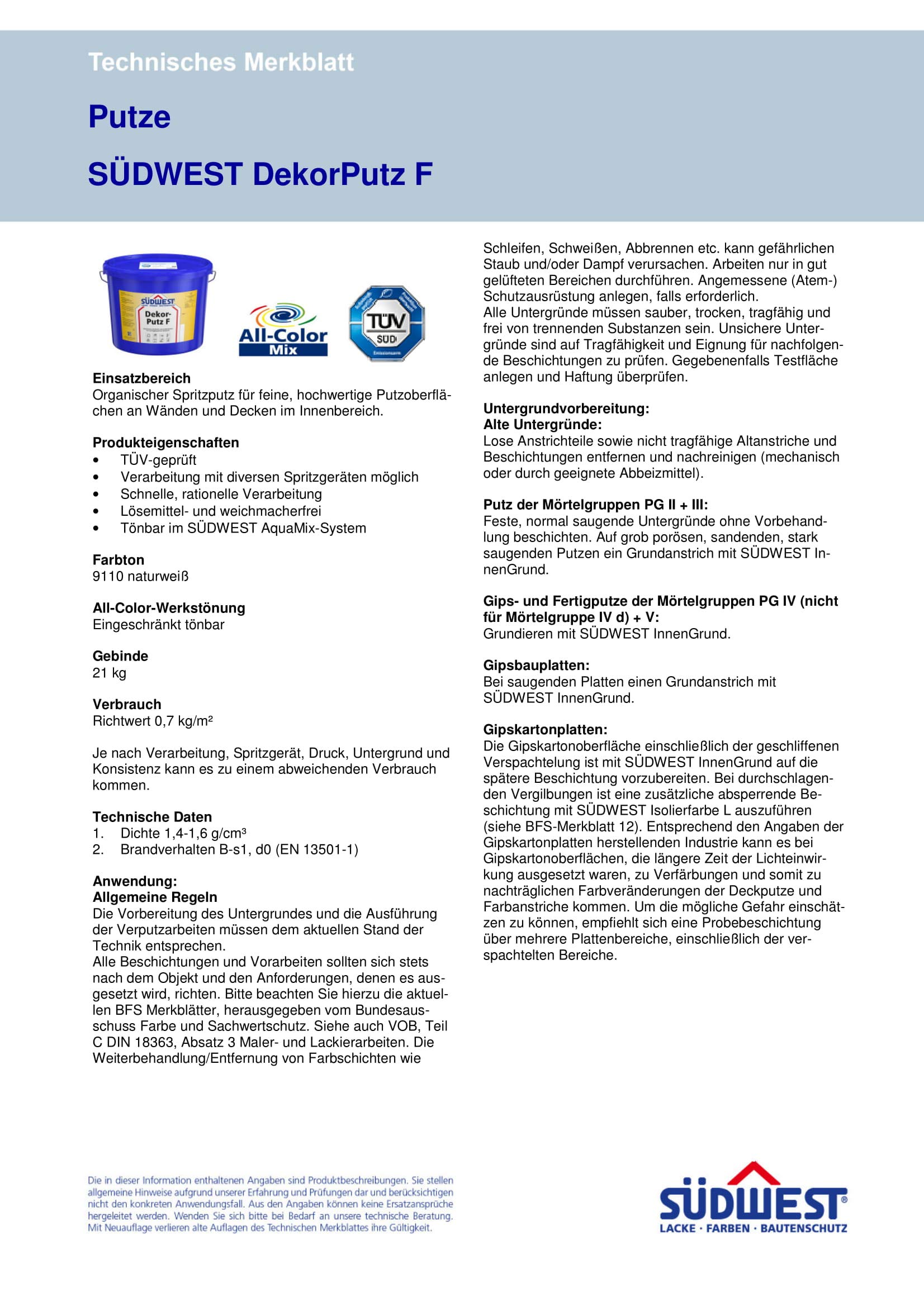 Südwest Spritzputz Dekorputz F 21kg 9110 Weiß