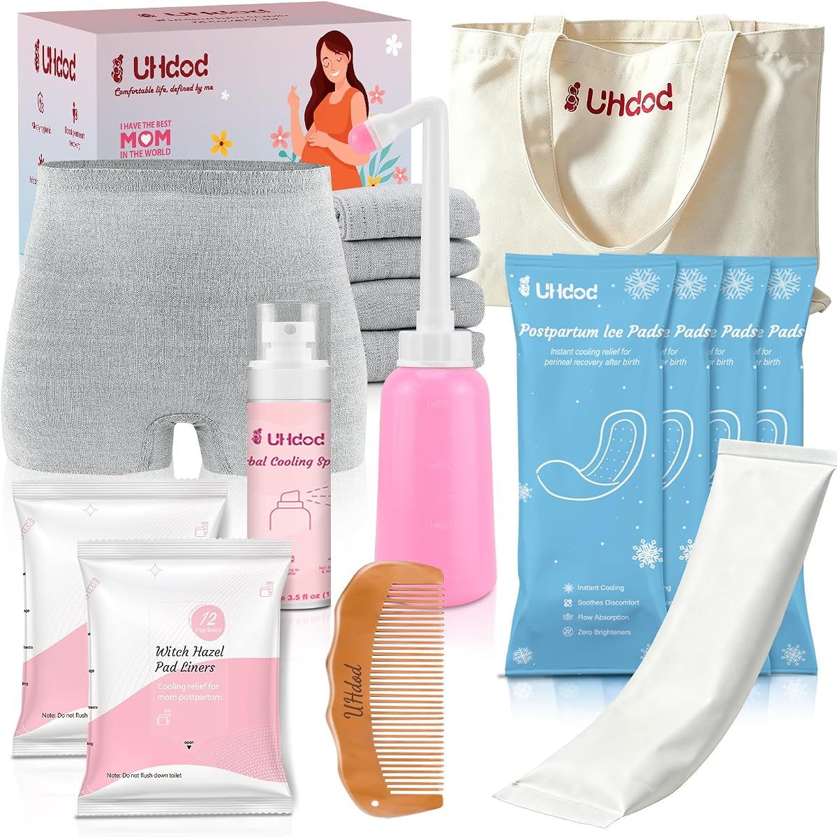Kit de recuperación posparto de UHdod, atención posparto para el parto de madres primerizas | Incluye ropa interior desechable, compresas de hielo instantáneas, spray refrescante, protectores calmantes, biberón Peri, peine para parto y bolsa de lona.