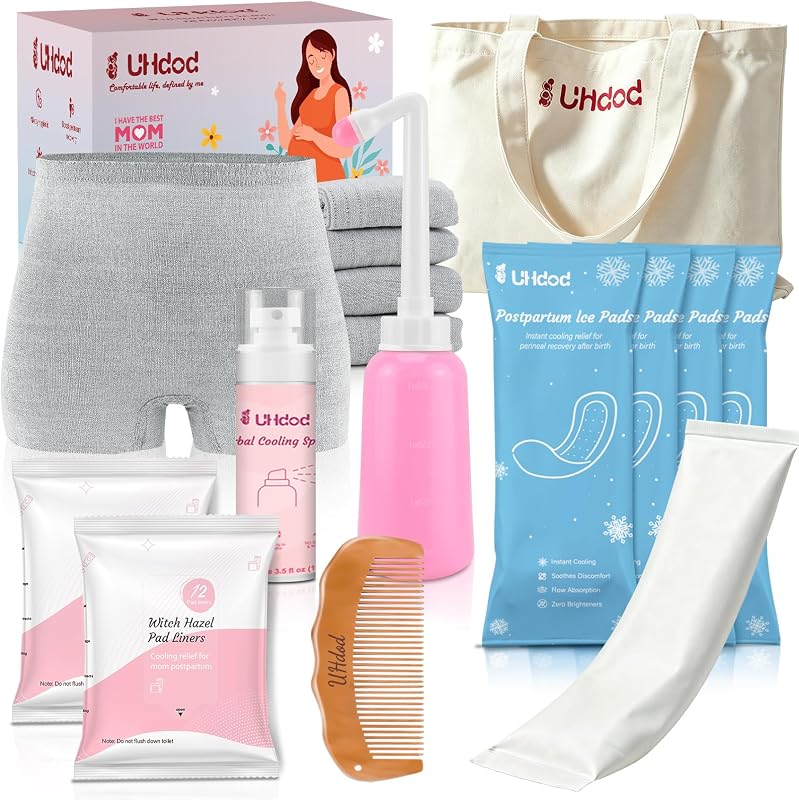 Kit de recuperación posparto de UHdod, atención posparto para el parto de madres primerizas | Incluye ropa interior desechable, compresas de hielo instantáneas, spray refrescante, protectores calmantes, biberón Peri, peine para parto y bolsa de lona.