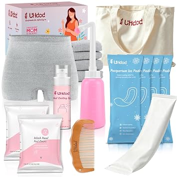 UHdod Postpartum Recovery Kit, Postpartum Care for New Mom Labor Delivery | Includes Disposable Underwear, Instant Ice Pads, Cooling Spray, Soothing Liners, Peri Bottle, Birthing Comb, Canvas Bag