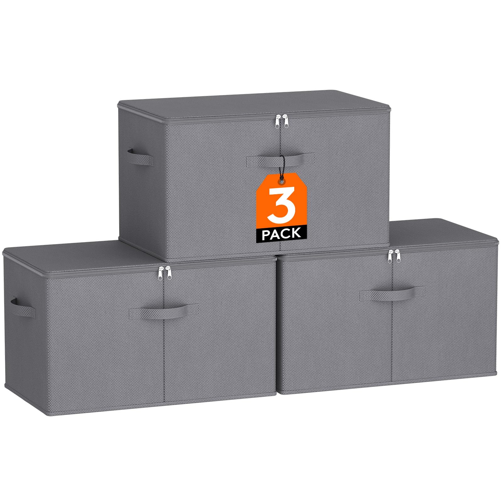 Lifewit 60L Cajas Almacenaje con Tapas, Juego de 3 Caixas Arrumação para Organizador Ropa y Juguetes, Cesto Almacenamiento Plegable de Tela no Tejida para Baño/Cajones/Armario, 56x33x32 cm, Gris