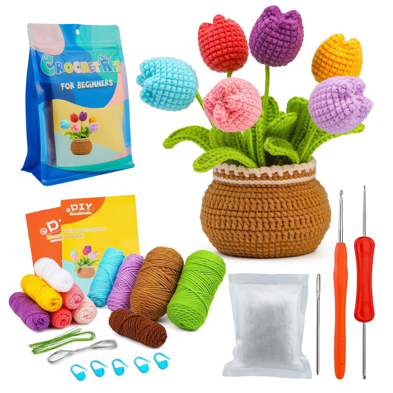 Mecmbj kit uncinetto principianti, Kit Tulipano all'uncinetto, Ornamento in vaso di fiori lavorato a maglia per donna, uncinetto per principianti per adulti con istruzioni video passo (Tulipani)