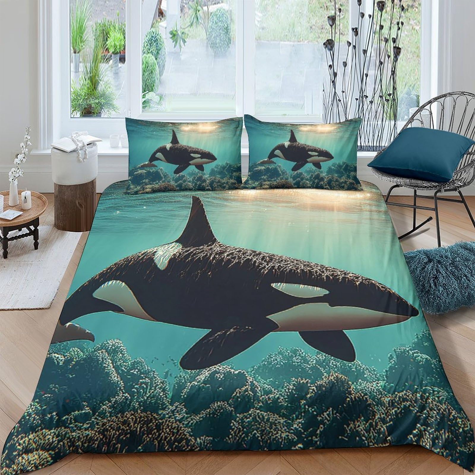 Ctjqhvkz Style-6 3D Printed Ocean Orca Fitted Sheet Microfiber Soft Anti-Slip Sea Whale Bed Sheet For Bedroom Dorm Decor Single（135X200cm）