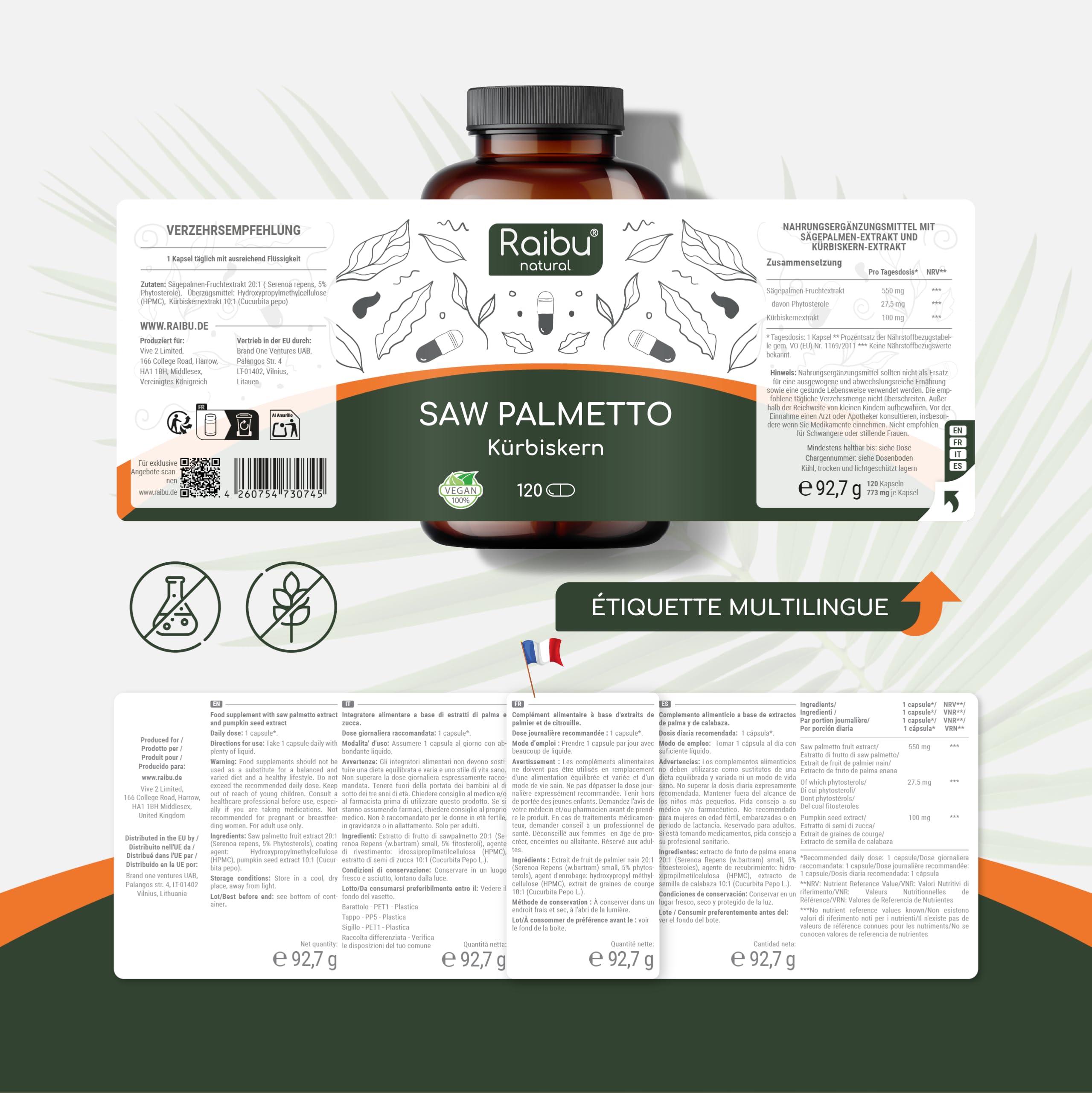 Saw Palmetto - Haute Teneur: 11000 mg de Palmier Nain par Gélule (20:1), avec Graines de Courge - 120 Gélules de Palmier Nain pour 4 Mois d’Utilisation - Végan & Sans Additifs - Raibu