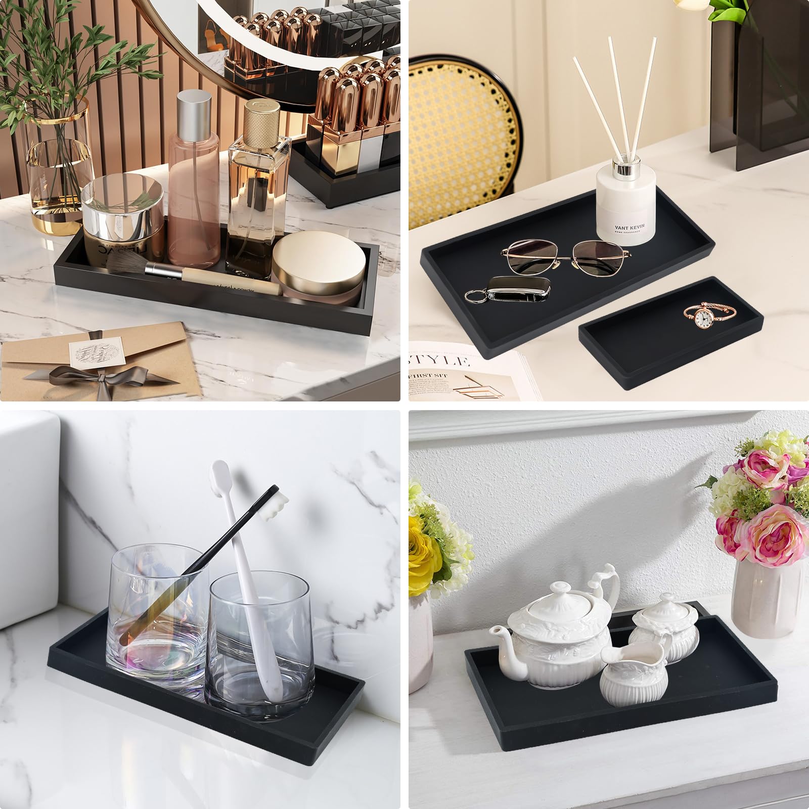 Dadabig 2 Piezas Bandeja Rectangular, Bandeja de Baño de Silicona, Organizador de Silicona, Platos Organizador Rectangular Para domésticos, Velas, Toalla, Planta, Perfumero(Negro)