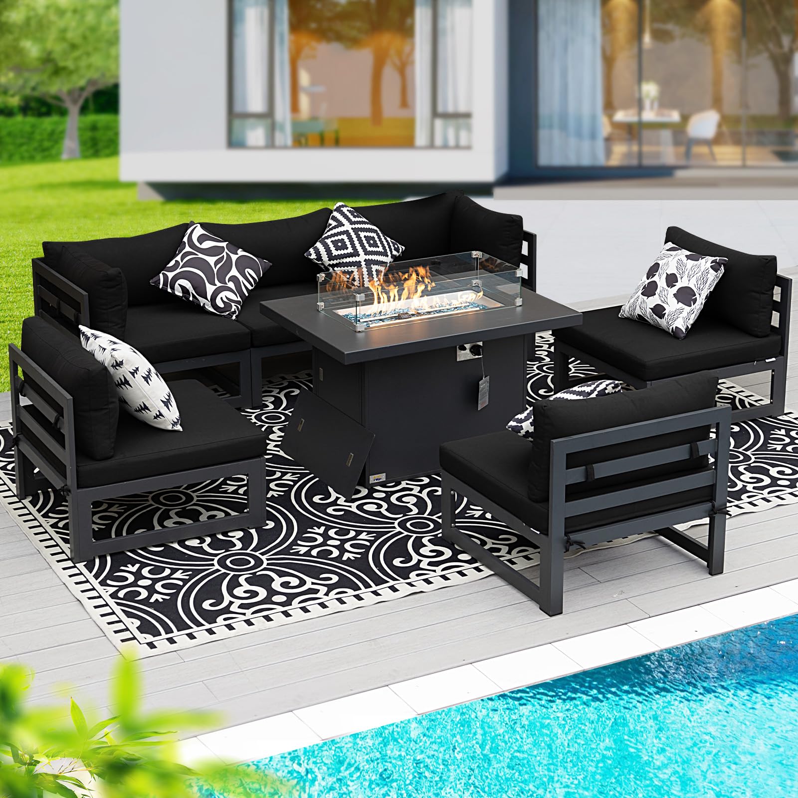 BULEXYARD 7 Piece Luxury Aluminum Outdoor Sectional Sofa with Fire Pit Table, Oversized L Shaped Patio Furniture Set, 29 inch Deep Wide Seating, 500