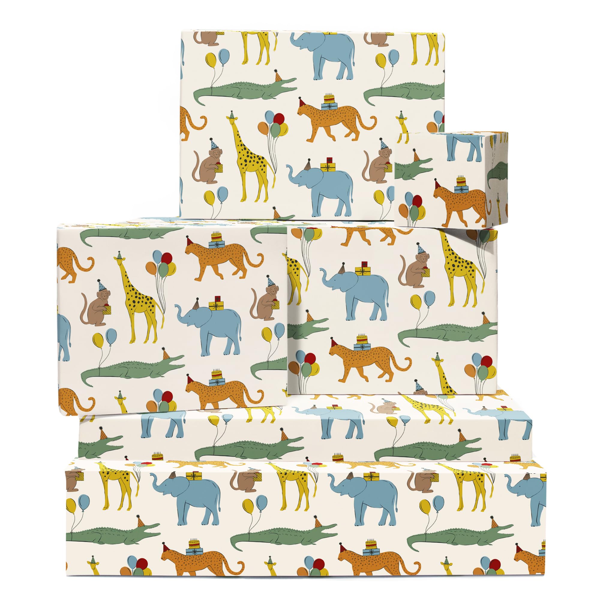 Safari Wrapping Paper - Cute Animals Giraffe Crocodile Elephant Cheetah Wrapping Paper - 6 Sheets Gift Wrap For Birthday Christmas Baptism Baby Shower - Includes Tags - Recyclable