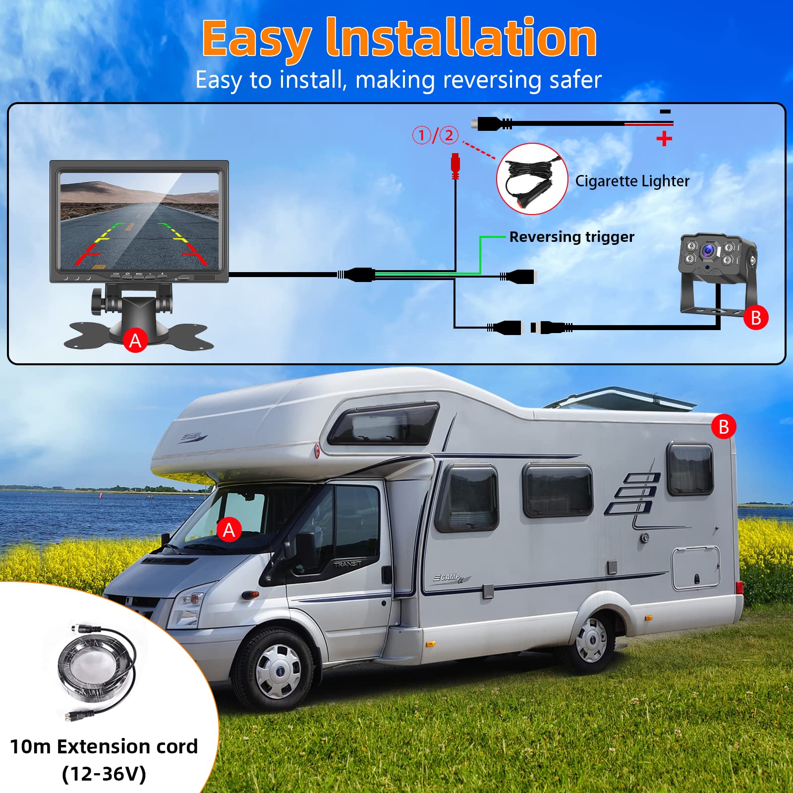 Hodozzy Cámara de Marcha Atrás con Monitor IPS de 7" y Cámara AHD, Impermeable IP68, Camara de Visión Trasera con Visión Nocturna Infrarrojos, 15 m Cable 4 Pines para Camión/Remolque/Bus(9-36 V)