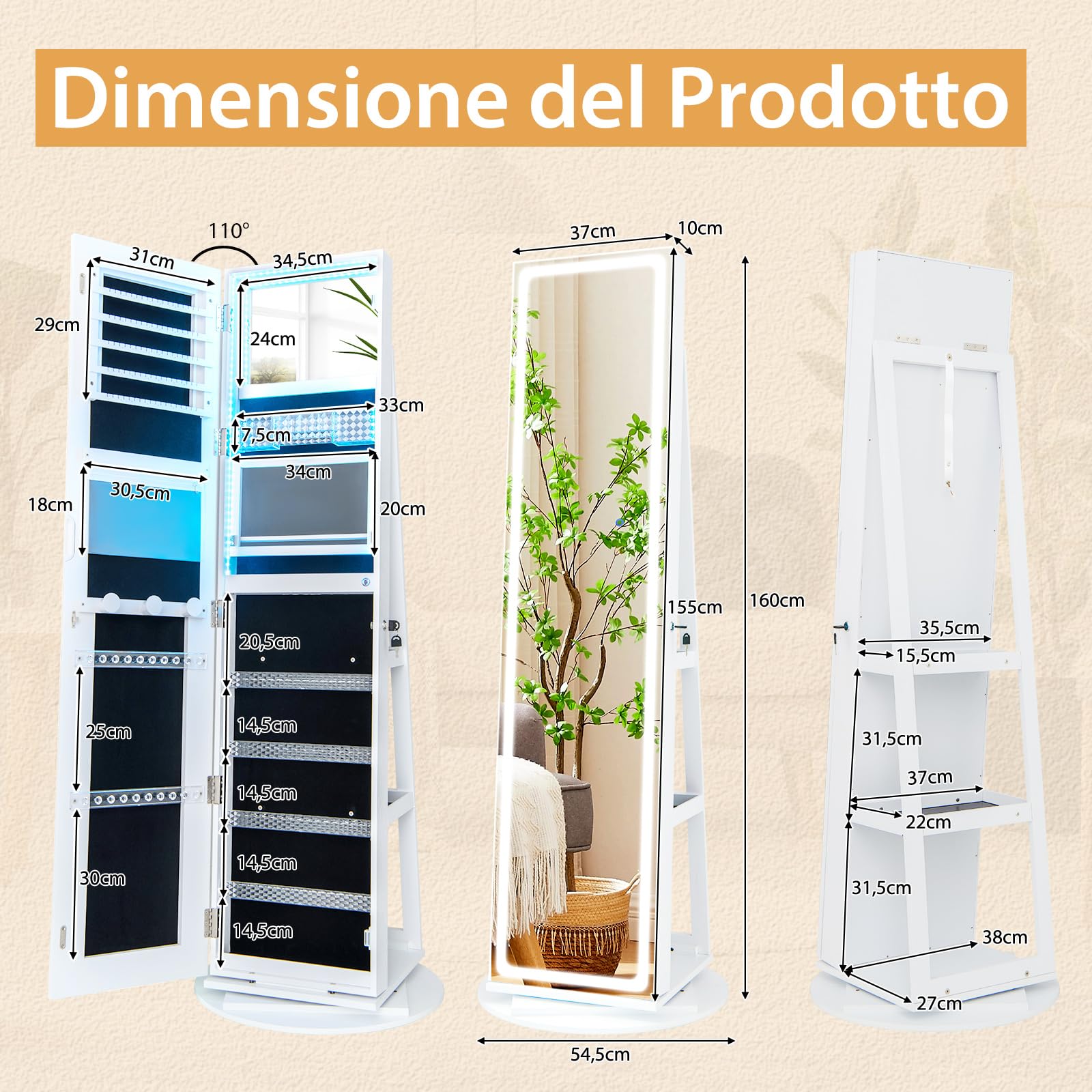RELAX4LIFE Armario Joyero con Base Giratoria 360°y Espejo Cuerpo Entero, Espejo Joyero de Pie con Luces LED Luminosas, Organizador para Joyas y Accesorios (Blanco, 54,5x54,5x160 cm)