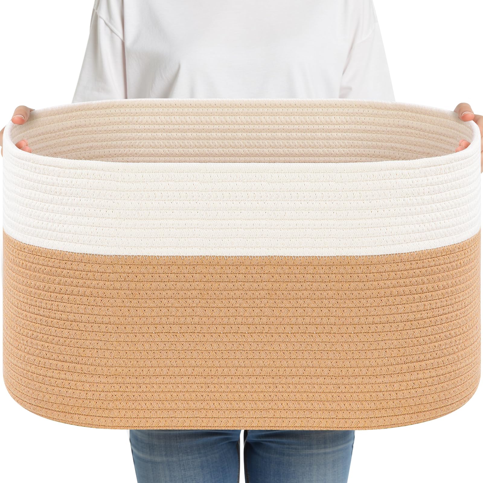 65L Cesto Ropa Sucia, Cesta de Almacenamiento tejida Cestas Organizadoras,Contenedores para la Colada,Cesta de lavandería,Organizador de algodón,Cesta de la Manta Cestos,Yute y blanco