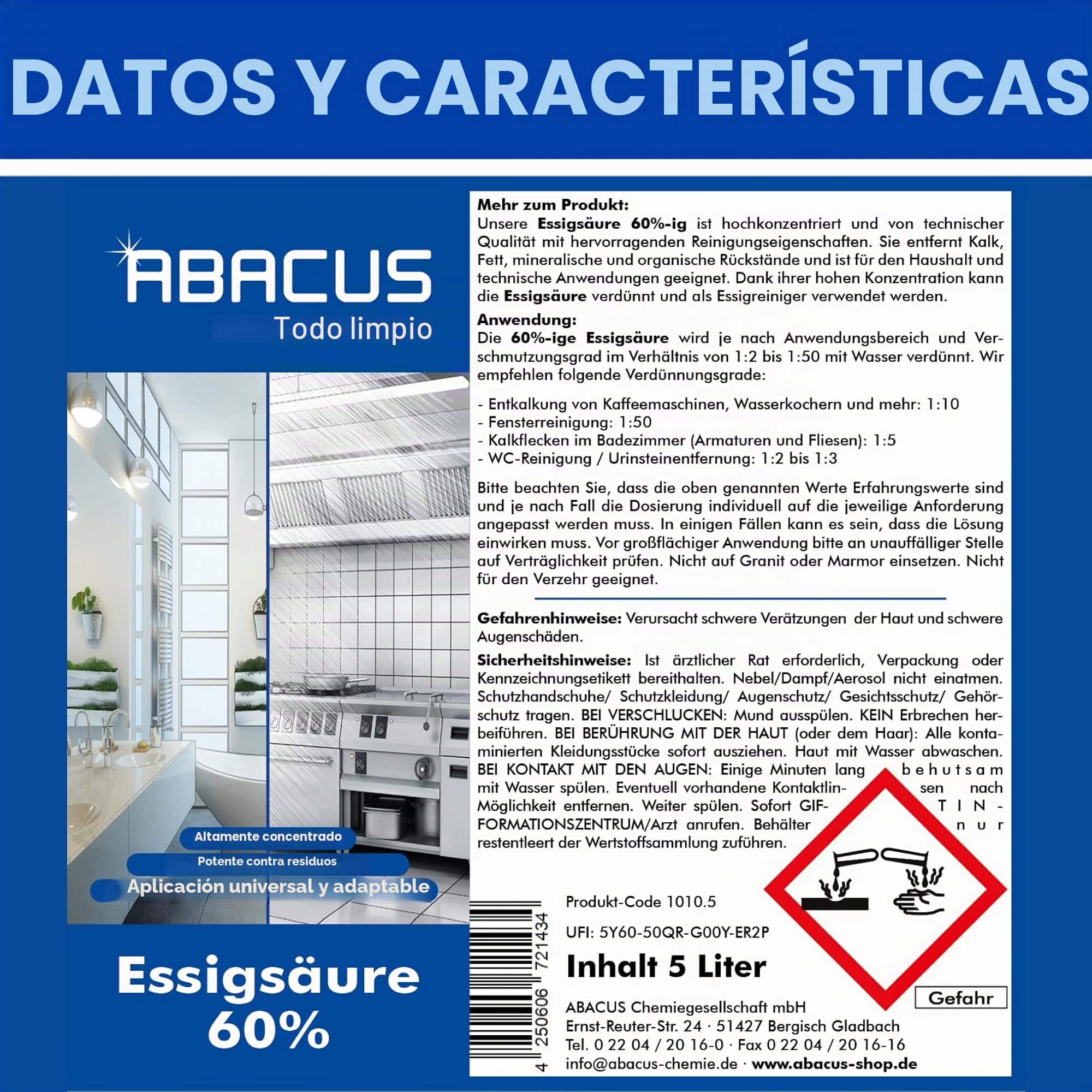 ABACUS® Ácido acético 60% | Ácido acético altamente concentrado para el hogar, el jardín y la industria | Uso versátil como limpiador de vinagre para limpiar y descalcificar | diluible individualmente