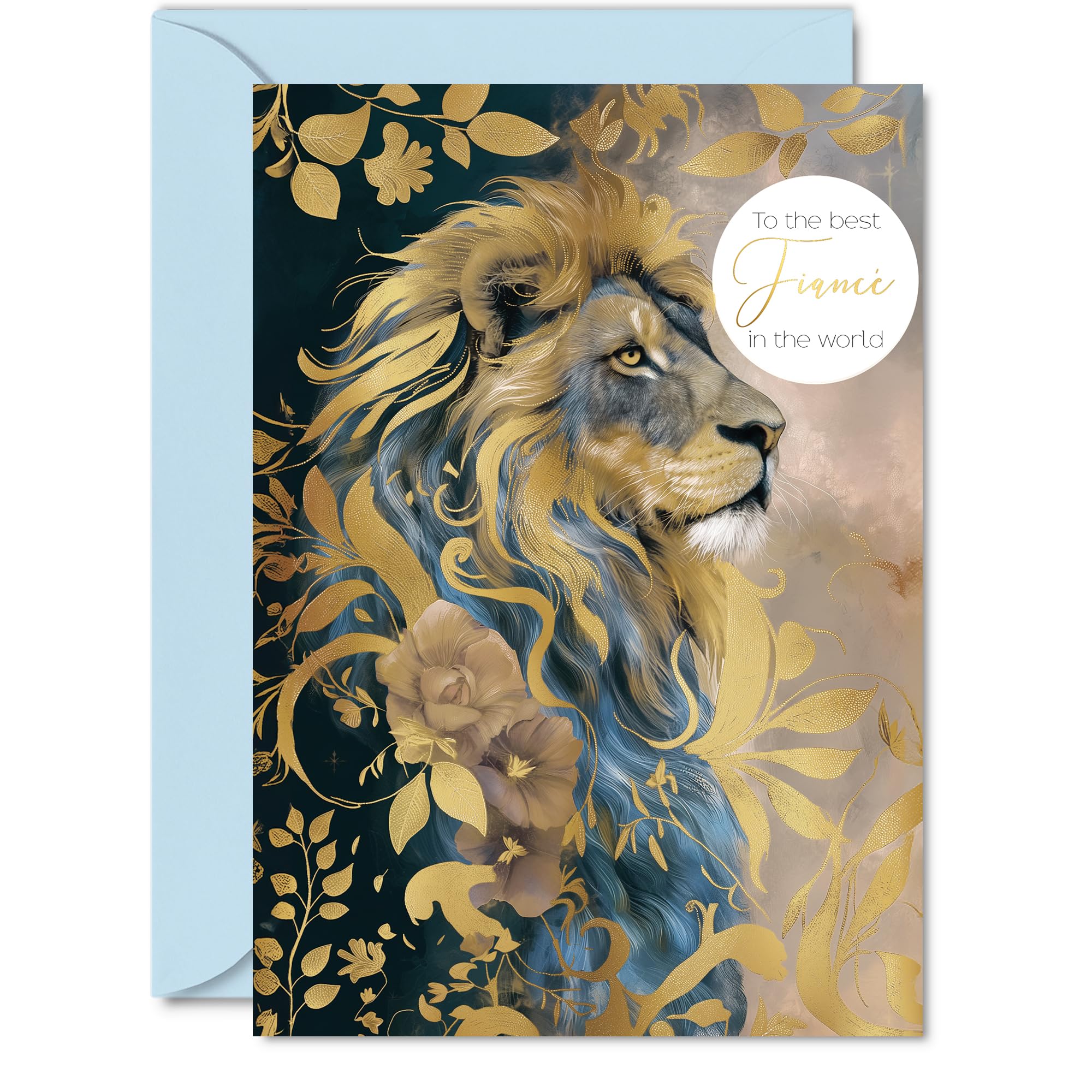 Fiancé Birthday Card - Majestic Gold Lion - Beautiful Happy Birthday Card for Fiancé from Fiancée Partner, 5x7 Inch Male Men Bday Golden Greeting Cards