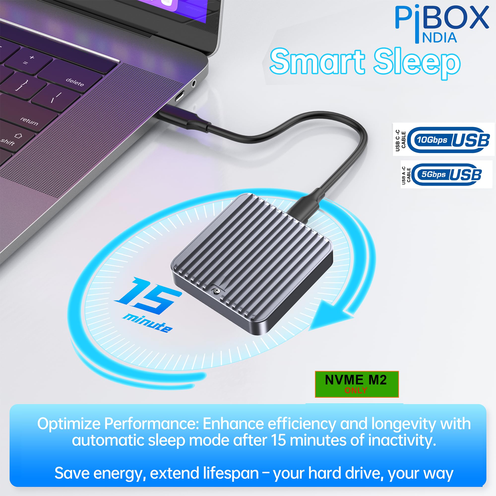 M.2 2230 NVMe SSD Enclosure, PiBOX India, 10Gbps USB 3.2 Gen 2, REALTEK RTL9210 Chipset, CNC Aluminum Cooling Fins, External NVMe Reader, USB-C Interface, M-Key B&M Key Compatible- M2-2230-NE1 — Amazon image 5