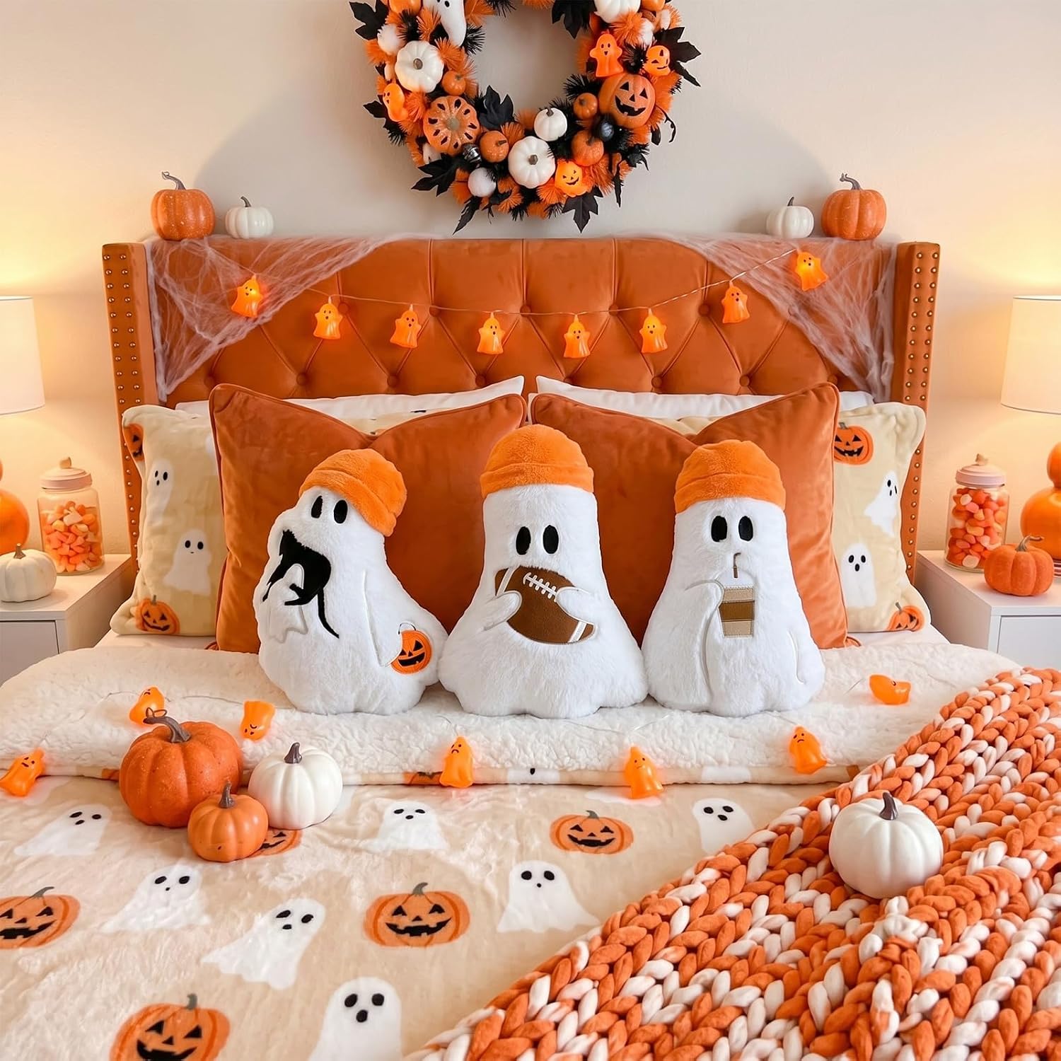 Yookeer 3 Pcs Halloween Ghost Throw Pillow Orange Ghost Football Pillows