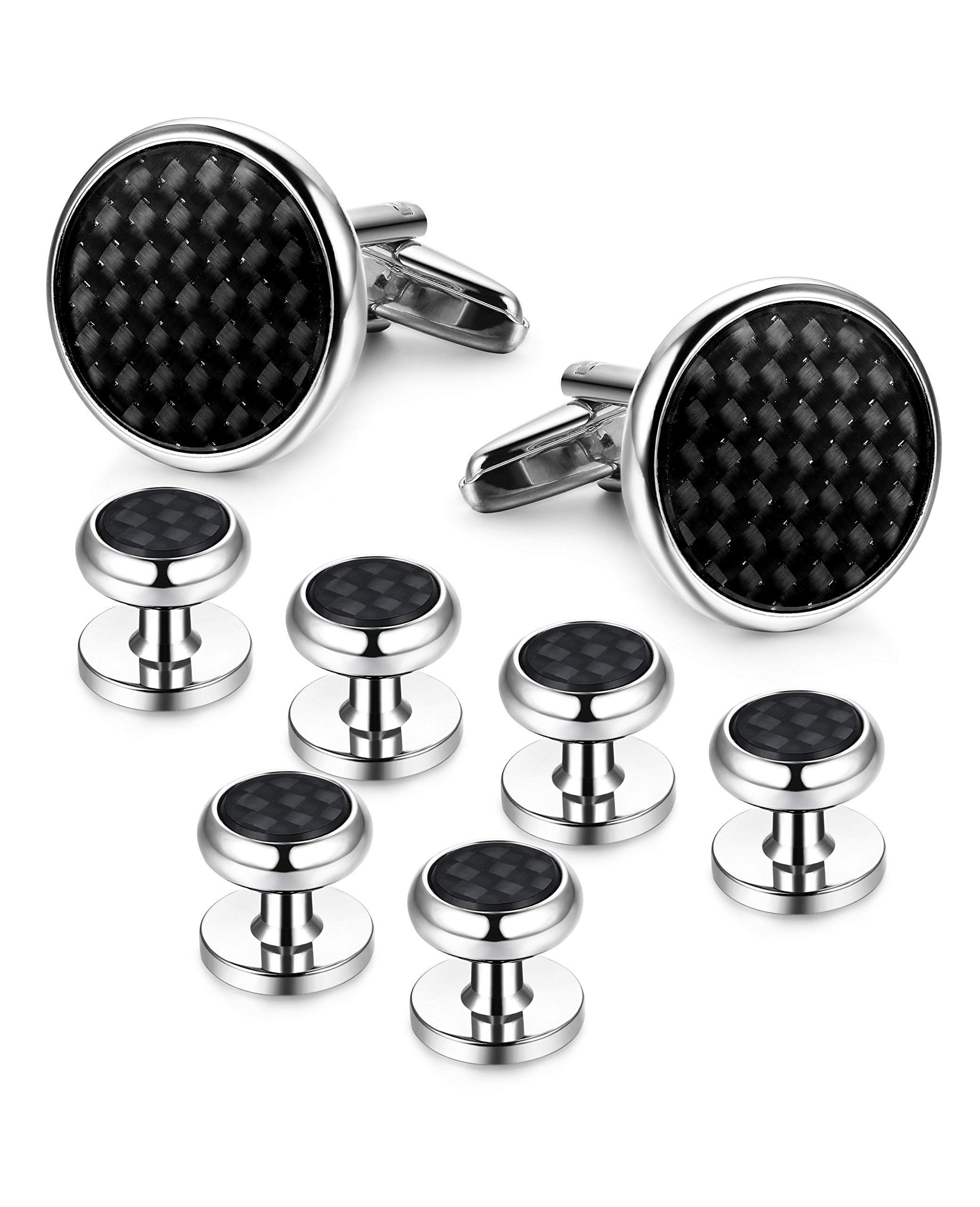 MorfettoMens Cufflinks and Studs Set Tuxedo Shirts Classic Black Silver Match Business Wedding Suit