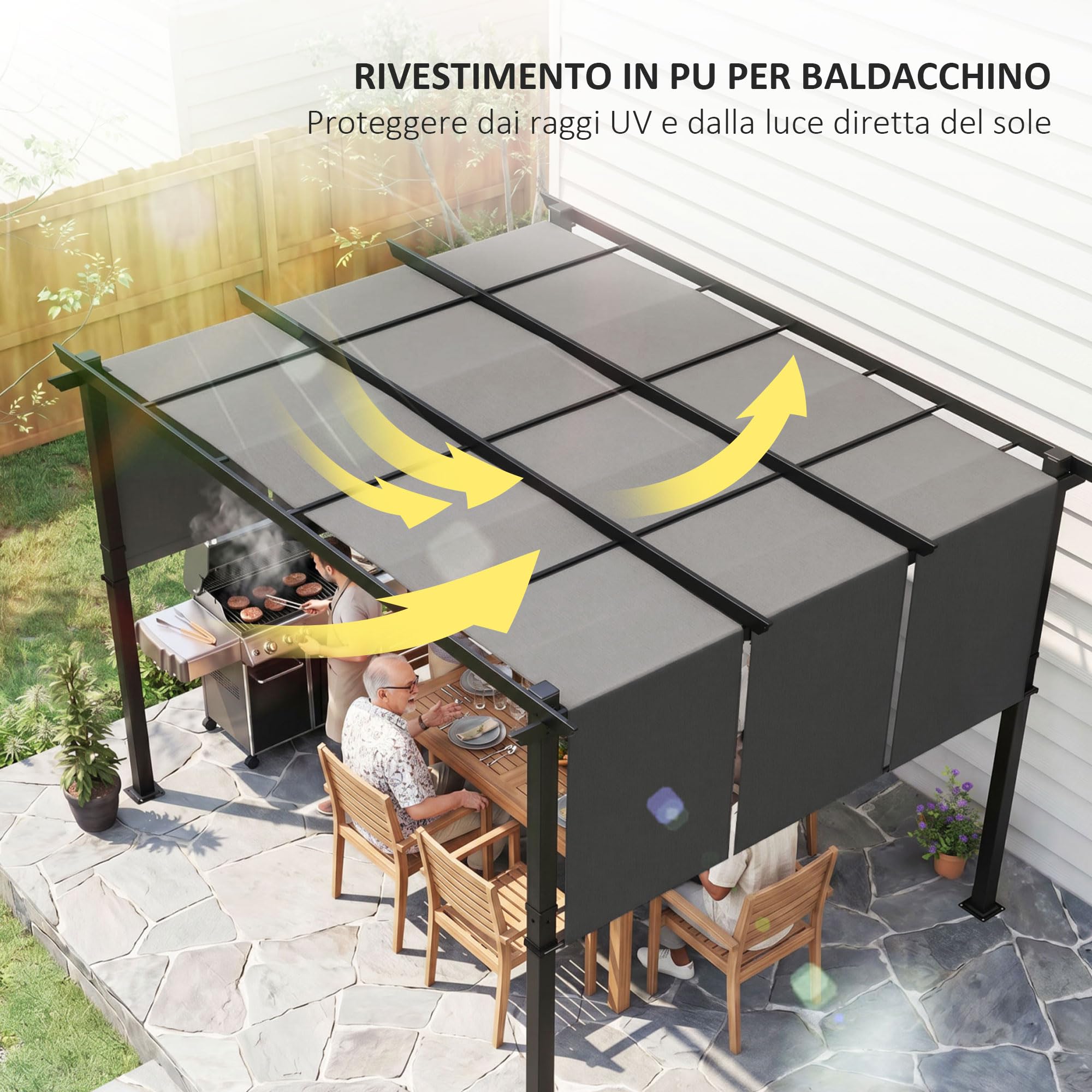 Outsunny Pergola da Giardino 3x3.5 m Acciaio Poliestere Anti UV Grigio Scuro